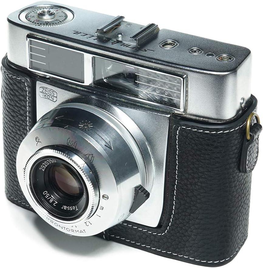 Symbolica Case, BolinUS Handmade Genuine Real Leather Half Camera Case Bag Cover for Zeiss Ikon Symbolica Camera with Hand Strap (Black)