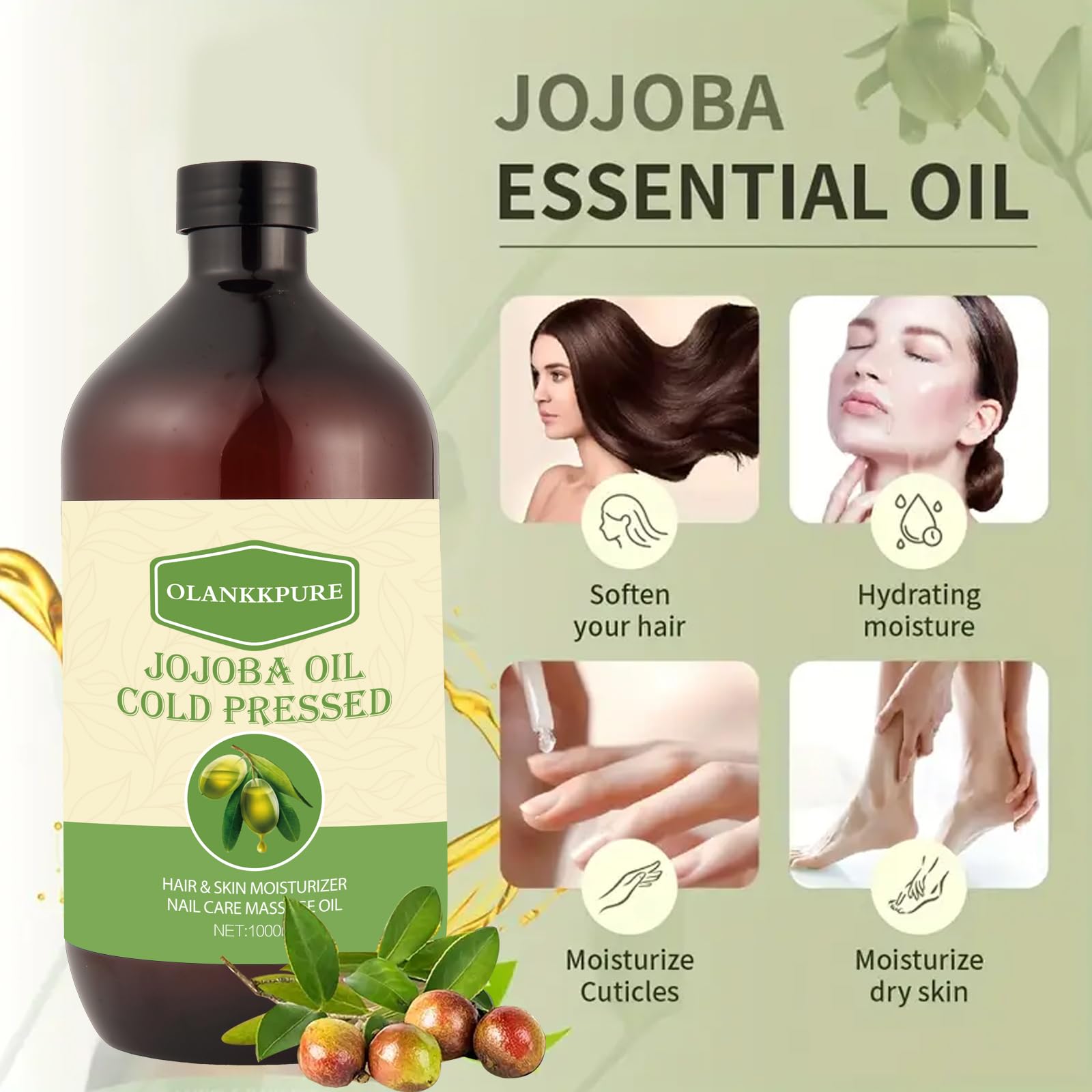 Aceite Portador de Jojoba 100% Puro, sin Refinar, sin Hexano, Prensado en Frío para Piel, Cara, Cabello, Uñas y Masajes, 1000 ml