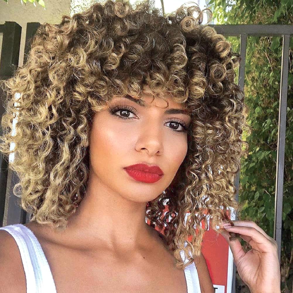 PORSMEER Parrucca afro riccia Ombre biondo capelli sintetici naturali con frangia per le donne lunghezza delle spalle Afro Kinky Curly Bob Wig Volume per donne nere,14 pollici nero mix biondo