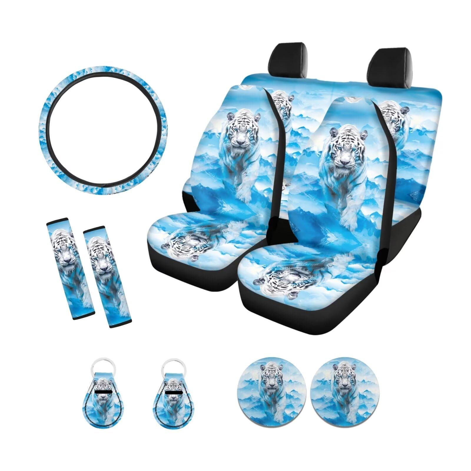 Xoenoiee White Tiger Print Front Rear Seat Cover for Car SUV Interior Accessories Set with Steering Wheel Cover, Seat Belt Cover, Auto Coasters, Key Chains, 11 Pcs