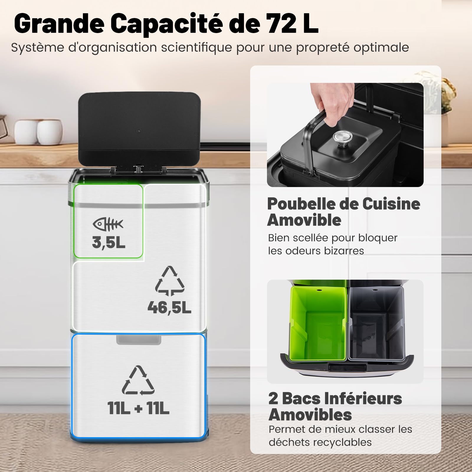 COSTWAY Poubelle Cuisine Automatique 72L en Acier Inox avec réservoir scellée 3,5L, Poubelle Tri Selectif 2 x 11L Seaux Amovibles, Cerclage, Anti-Empreintes, Anti-pinçage, Interrupteur (Argent)