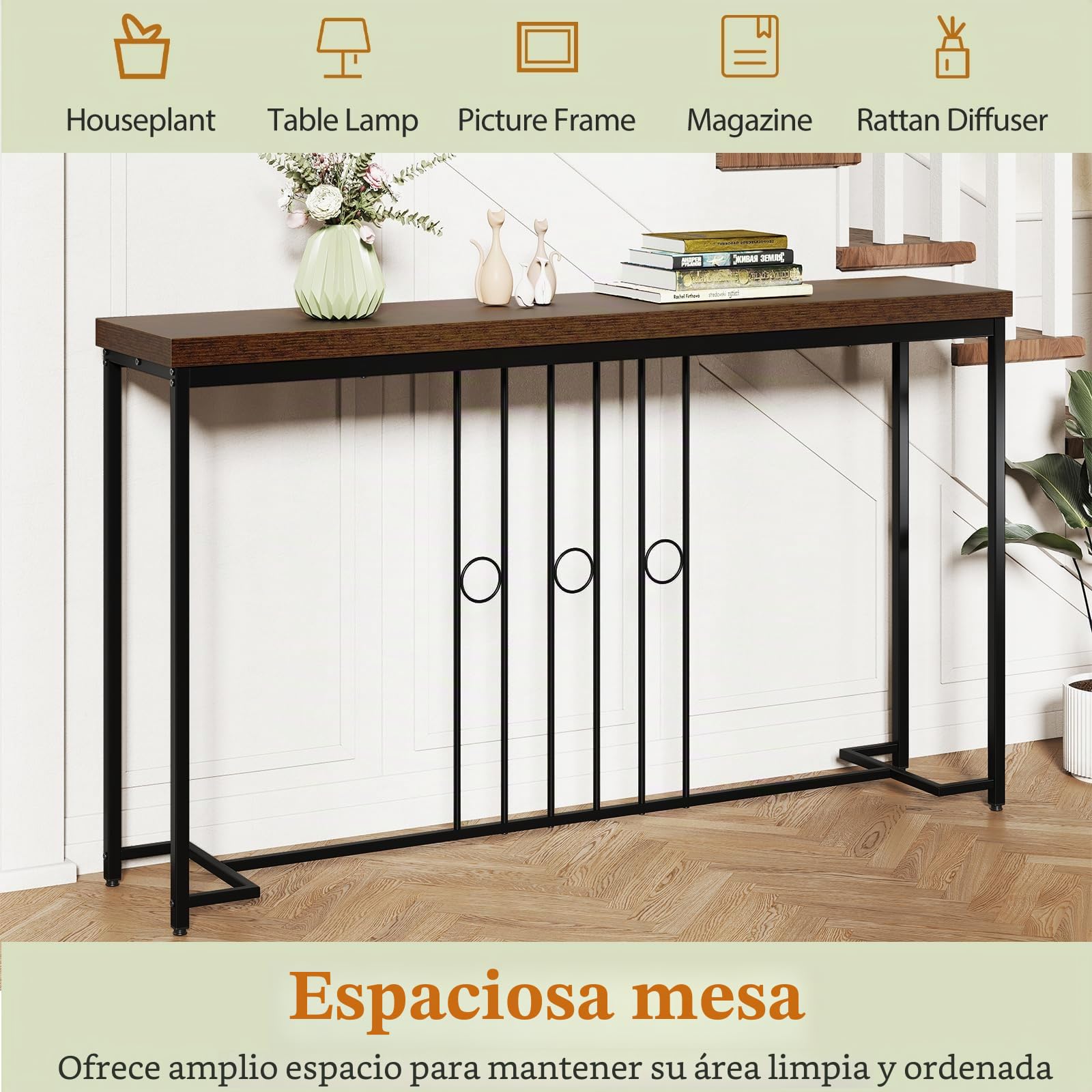 LIFEZEAL Consola para Entrada, 140 x 30 x 81 cm, Mesa Consola Industrial Larga, Salvapacio de Madera y Metal con Decoración de Líneas y Anillos, Consola Detrás del Sofá, Entrada y Pasillo, Marrón