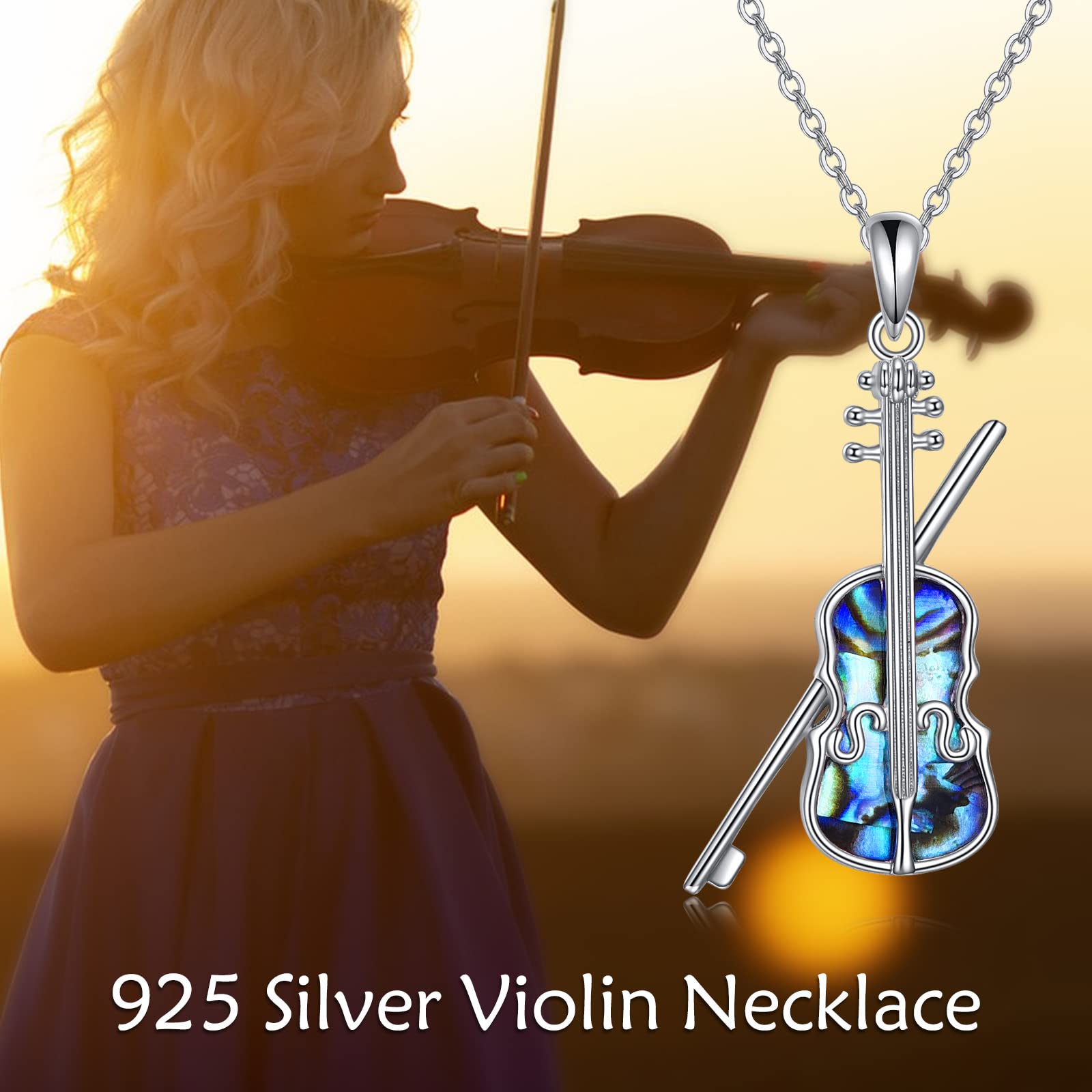 JERWLI Collana da violino in argento Sterling per donne abalone conchiglia gioielli violino regalo per ragazze figlia, Argento sterling