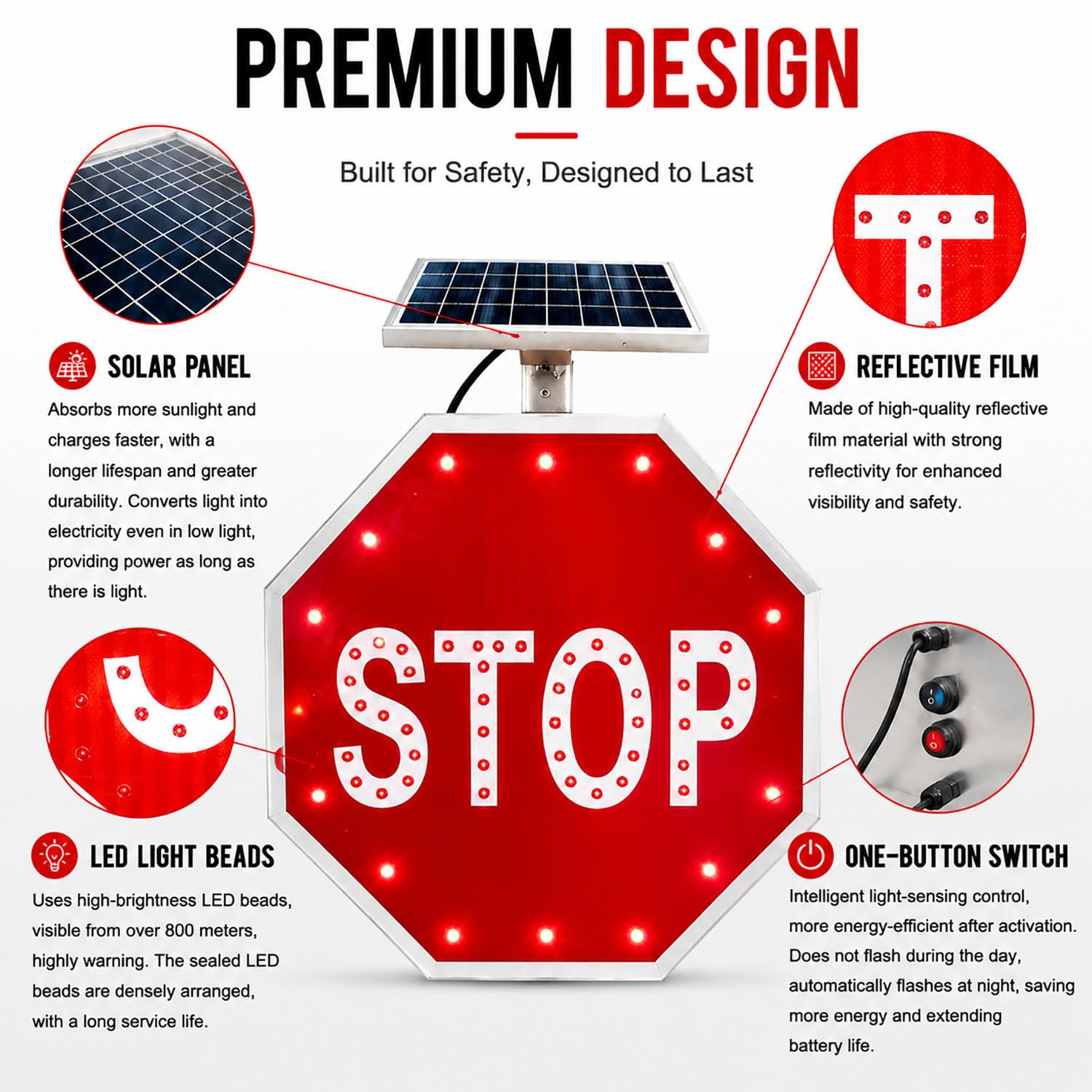 Señal de Stop LED Solar Impermeable,señal de tráfico Intermitente Duradera 24in | Señalización vial solar IP65, protección contra agua, nieve y radiación UV, larga vida útil en exteriores