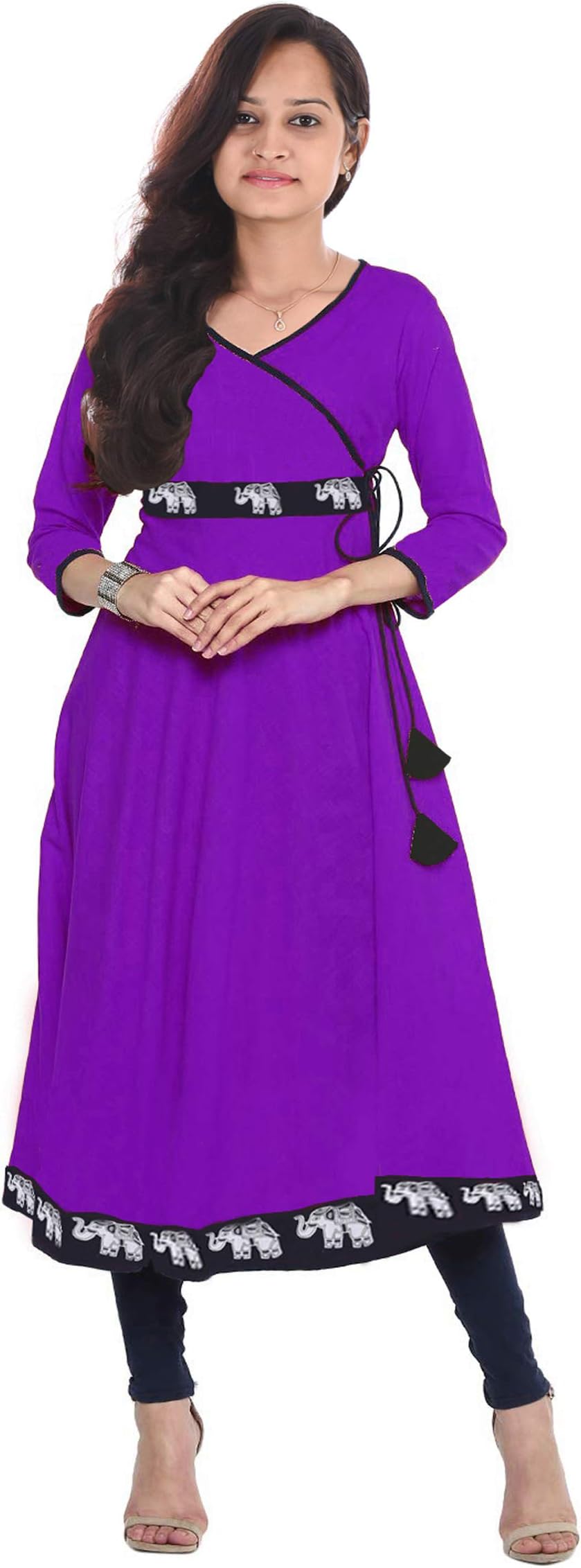 Indian Women's Long Dress Animal Print Kurti Tunic Party Wear Frock Suit Purple Color