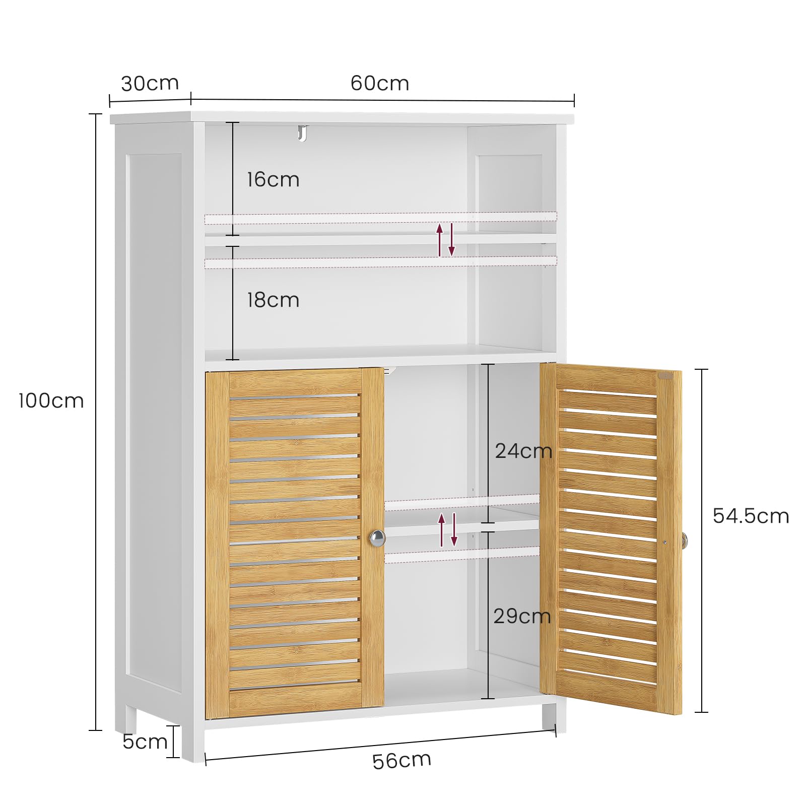 Meuble de Salle de Bain, Armoire de Rangement Cuisine avec 2 Compartiments Ouverts et 2 Portes en Bambou, Meuble de Rangement pour Salle à Manger, Cuisine, Salon, 60x30x100 cm