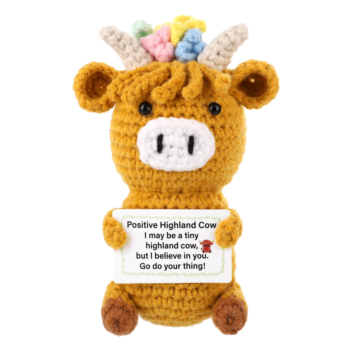 TOYMIS Positive Highland Cow, Crochet Highland Cow Emotional Animal Knitted Highland Cow Inspirational Support Cow Knitted Wool Doll for Encouragement