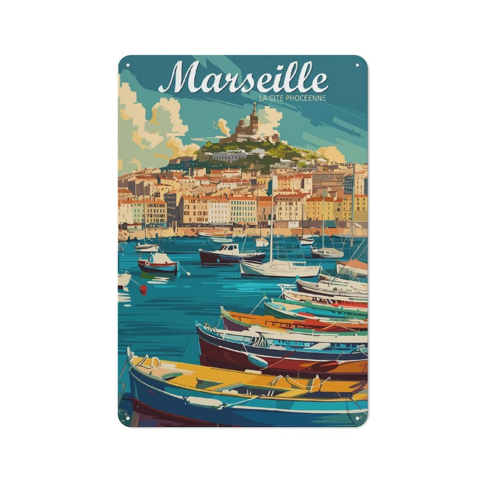 Junmoney Style-3 Urban Marseille, France Travel Decorative Metal Plaque 30X20cm, Urban Room Decor For Flat, Bar, Studio Or Gallery Wall