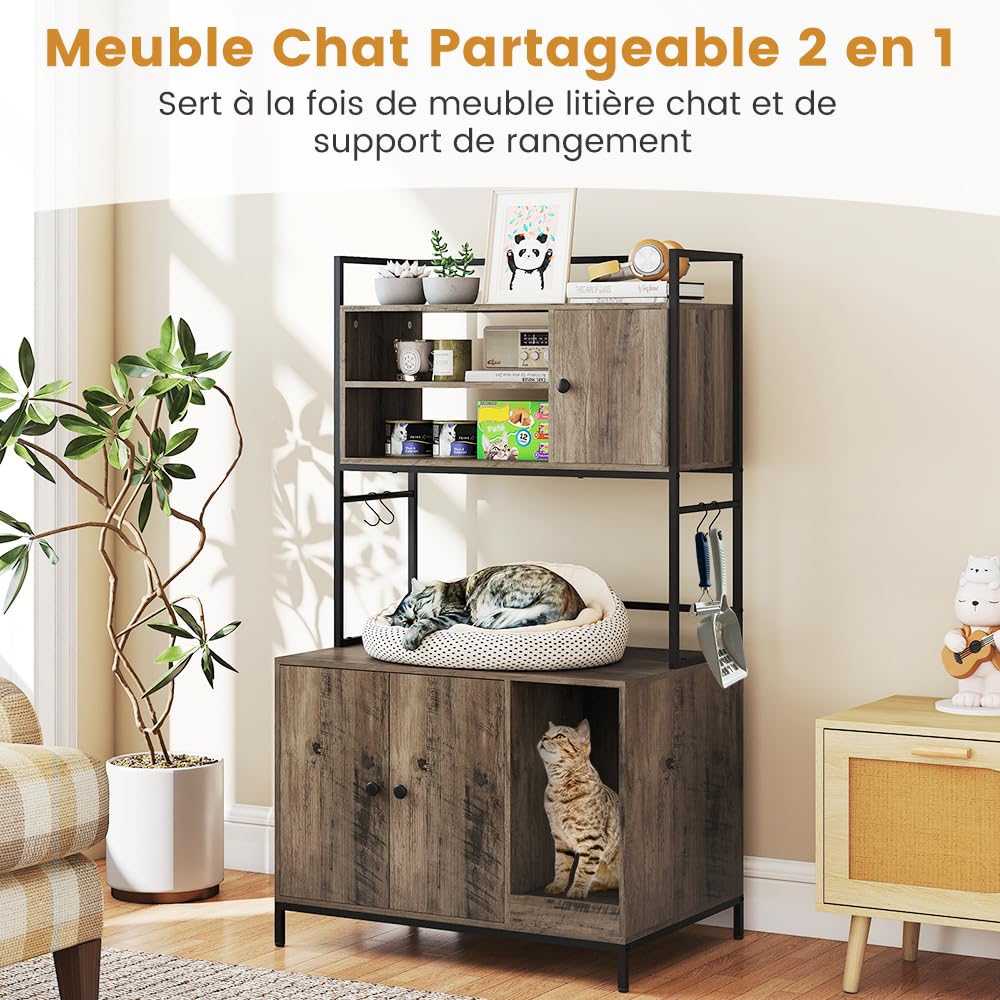 COSTWAY Meuble Litiere Chat, Planche à Griffer, Étagères de Rangement, 4 Crochets, Maison pour Chaton à 2 Portes, Barrière de Sécurité, Patins Réglables, Maison de Toilette Chat, 78 x 51 x 137 cm