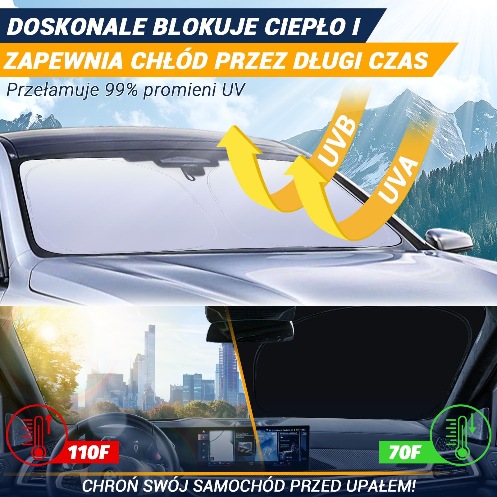 Osłona przeciwsłoneczna na przednią szybę samochodu, ochrona przed promieniowaniem UV, składana osłona przeciwsłoneczna 2025 z ochroną UV na przednią szybę samochodu (L)
