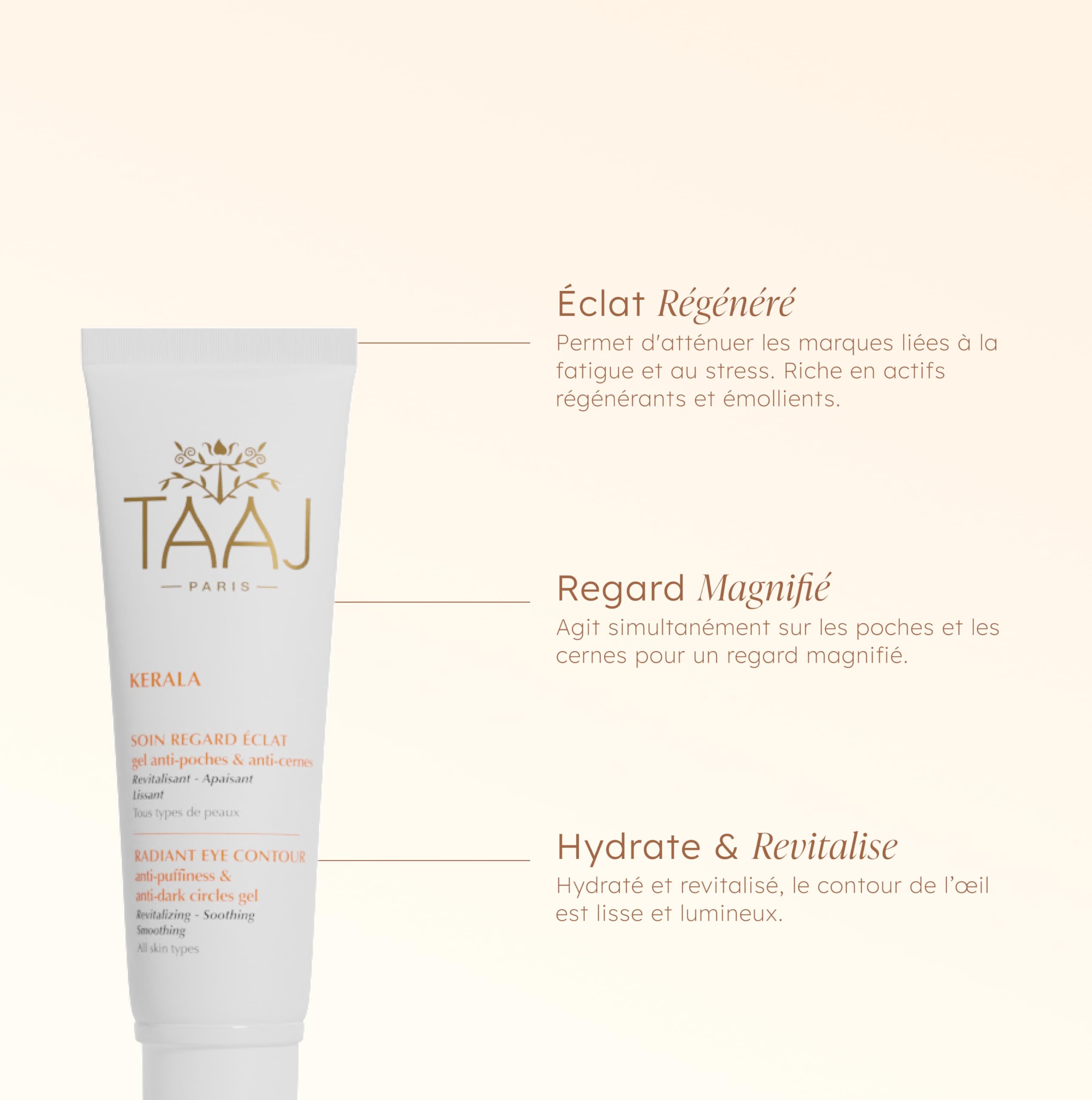 TAAJ | Soin Regard Éclat - KERALA | Gel Anti-Poches & Anti-Cernes | Atténue les marques liées à la Fatigue & Stress | Riche en actifs Régénérants | Lisse le contour de l’oeil| Aloe Vera | 30 ml
