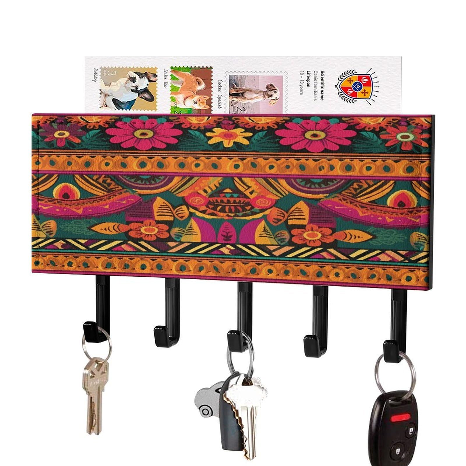 Colgador de llaves de pared boho con organizador de correo y 5 ganchos de metal