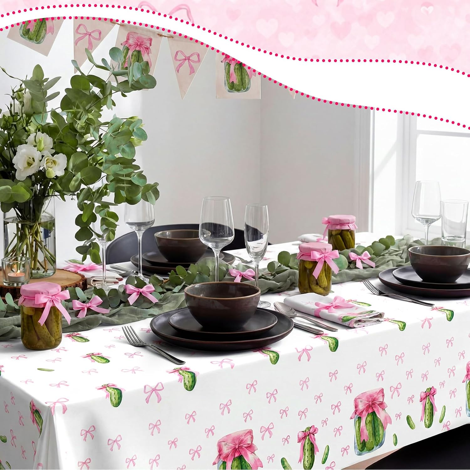 Hahafelt 3 Pcs Pink Bow Pickles Tablecloth, Pink Bow Kind of a Big Dill 54x108 Inch Disposable Table Cloth for Girls Bridal Fruit Cucumber Pickle Birthday Party Supplies
