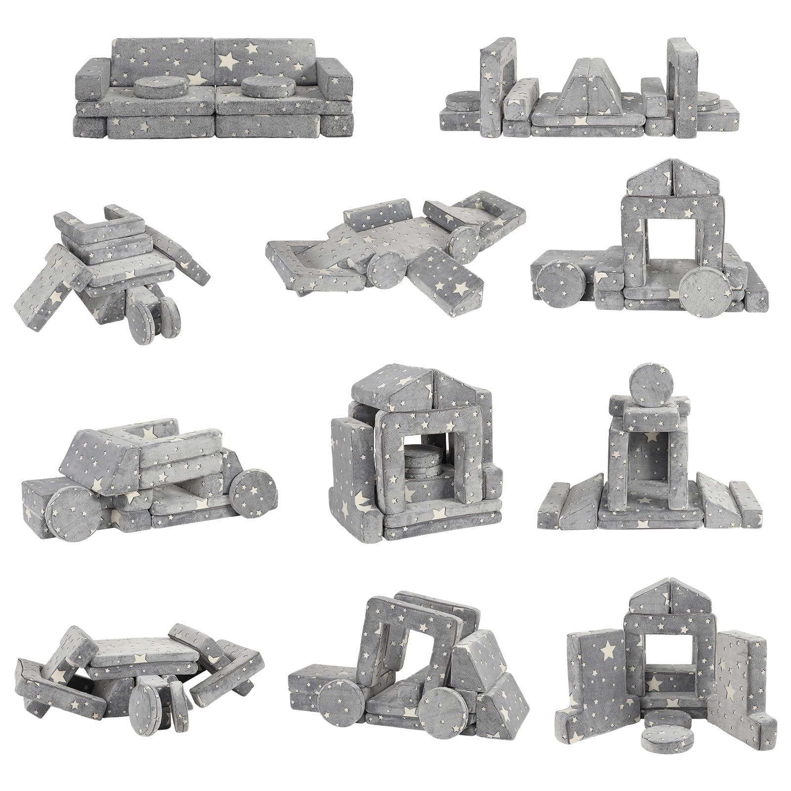 GarveeHome 12 Pcs Modular Kids Large Play Couch, Star Glow in The Dark Sofa for Children, Convertible Foam and Floor Cushion for Boys and Girls, Versatile Playroom Bedroom Furniture