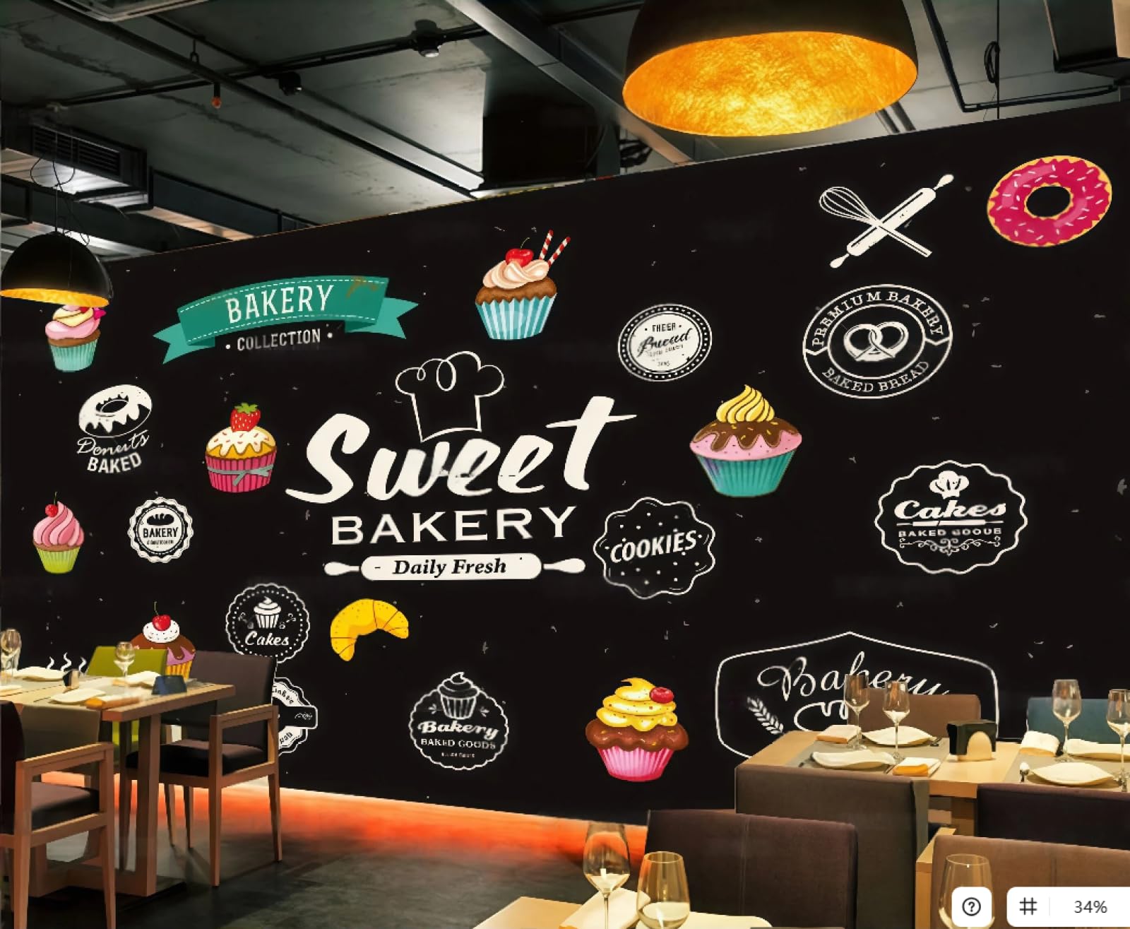 XDOUBAO Wallpaper Fashion Blackboard Hand-Painted Gourmet Bread Dessert Snack Bar Afternoon Tea Western Restaurant Background Wall Wallpaper Coffee Shop Mural,3D,150x105cm