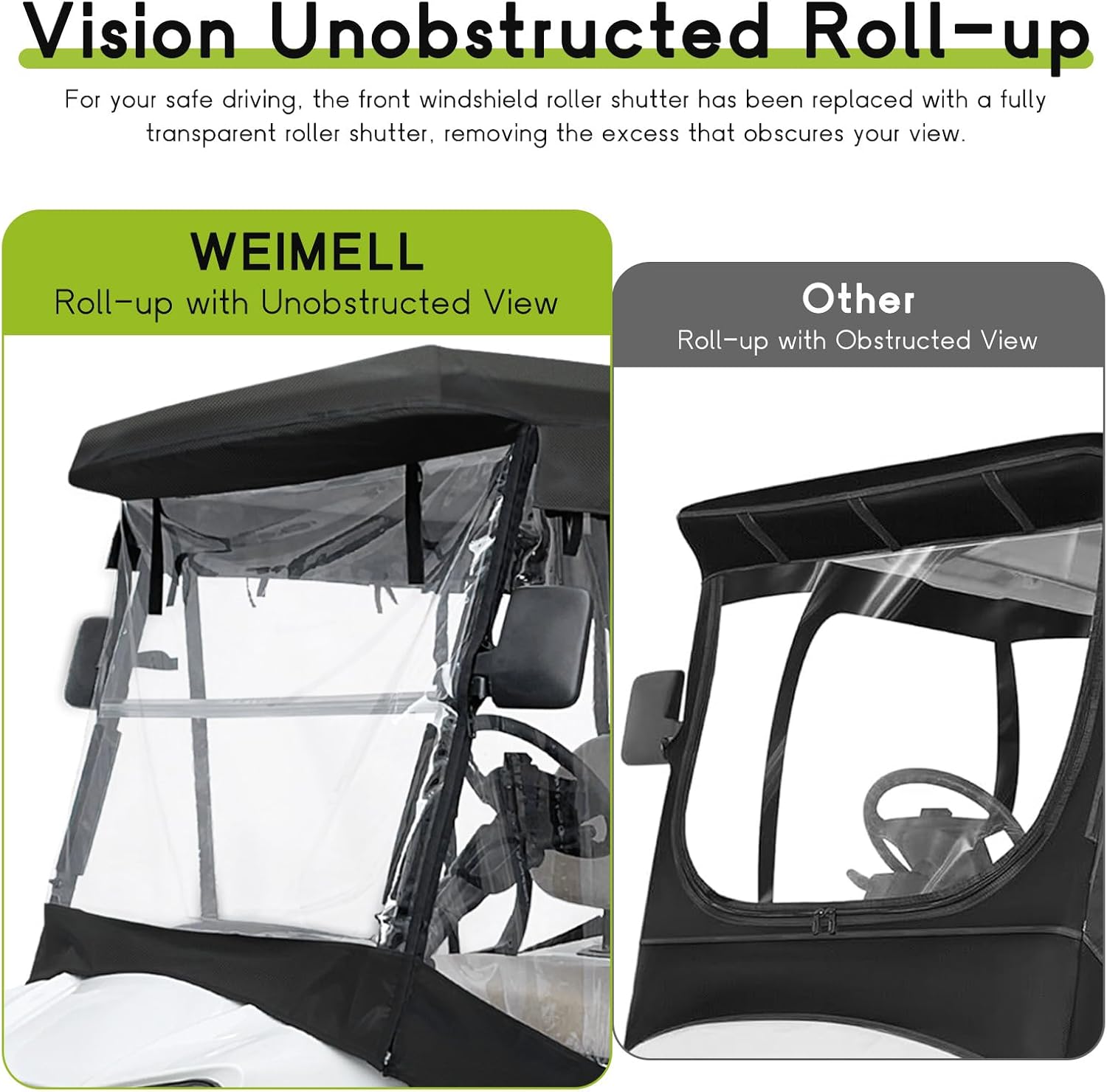 Golf Cart Enclosure 4 Passenger for Club Car Tempo Onward Extended Roof 88" 4-Seater 600D Waterproof Transparent Driving Rain Cover with 4-Sided Clear Windows Roll-up Door Black