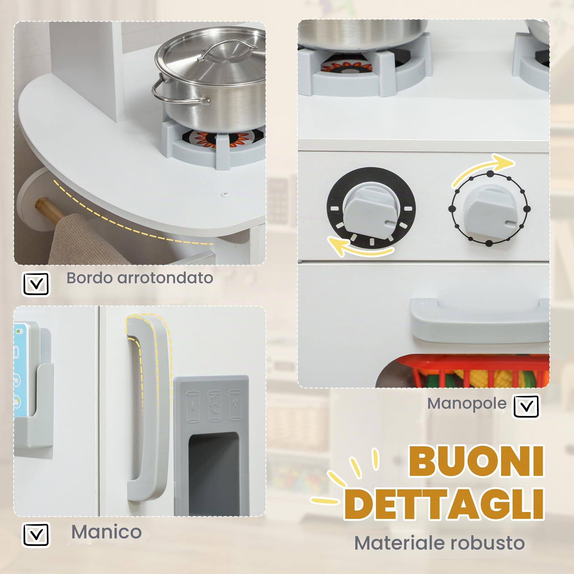 AIYAPLAY Cucina giocattolo con fornello e lavello per 3+ anni Bianco