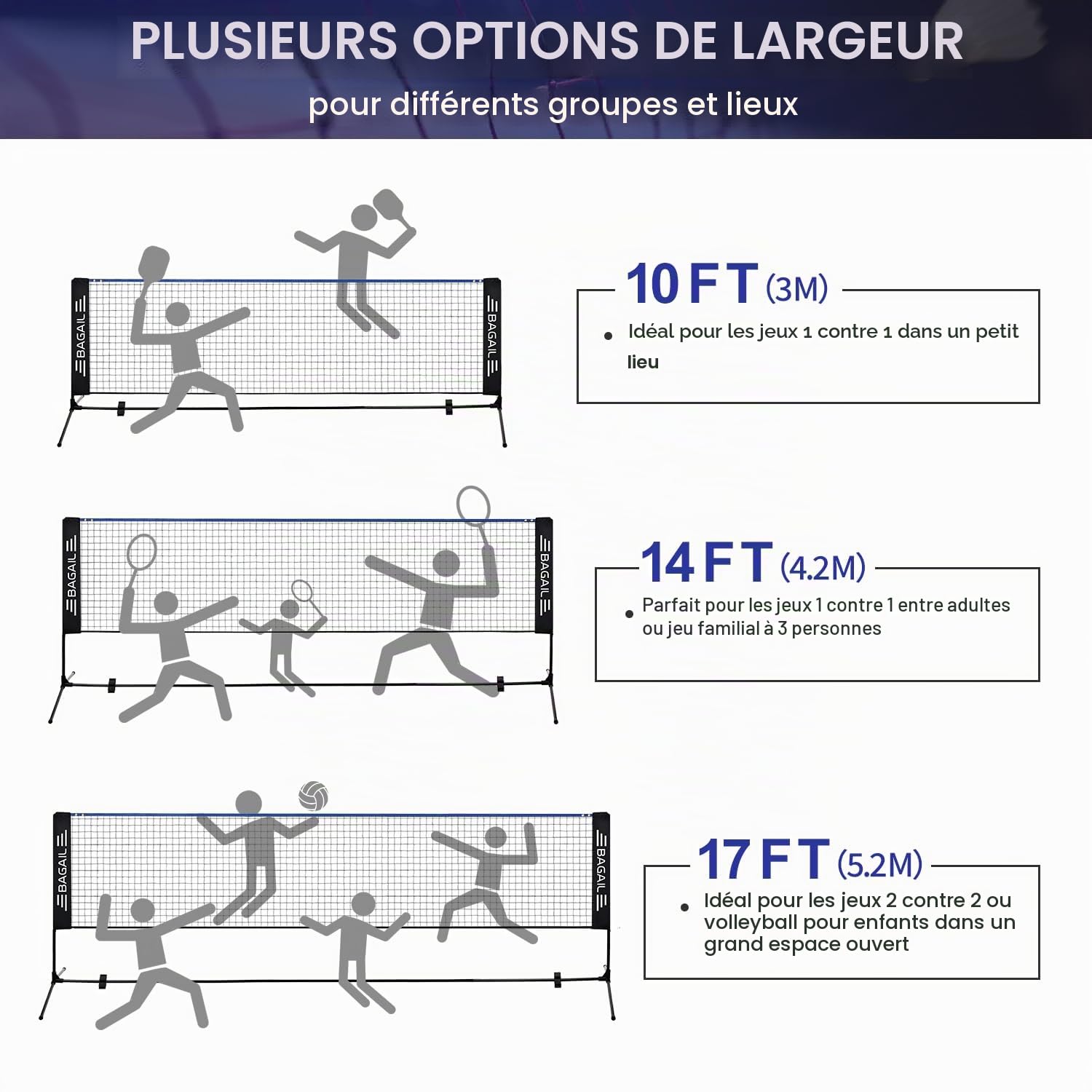BAGAIL Filet de Sport de Pickleball et de Badminton, 3 m / 4,2 m / 5,2 m