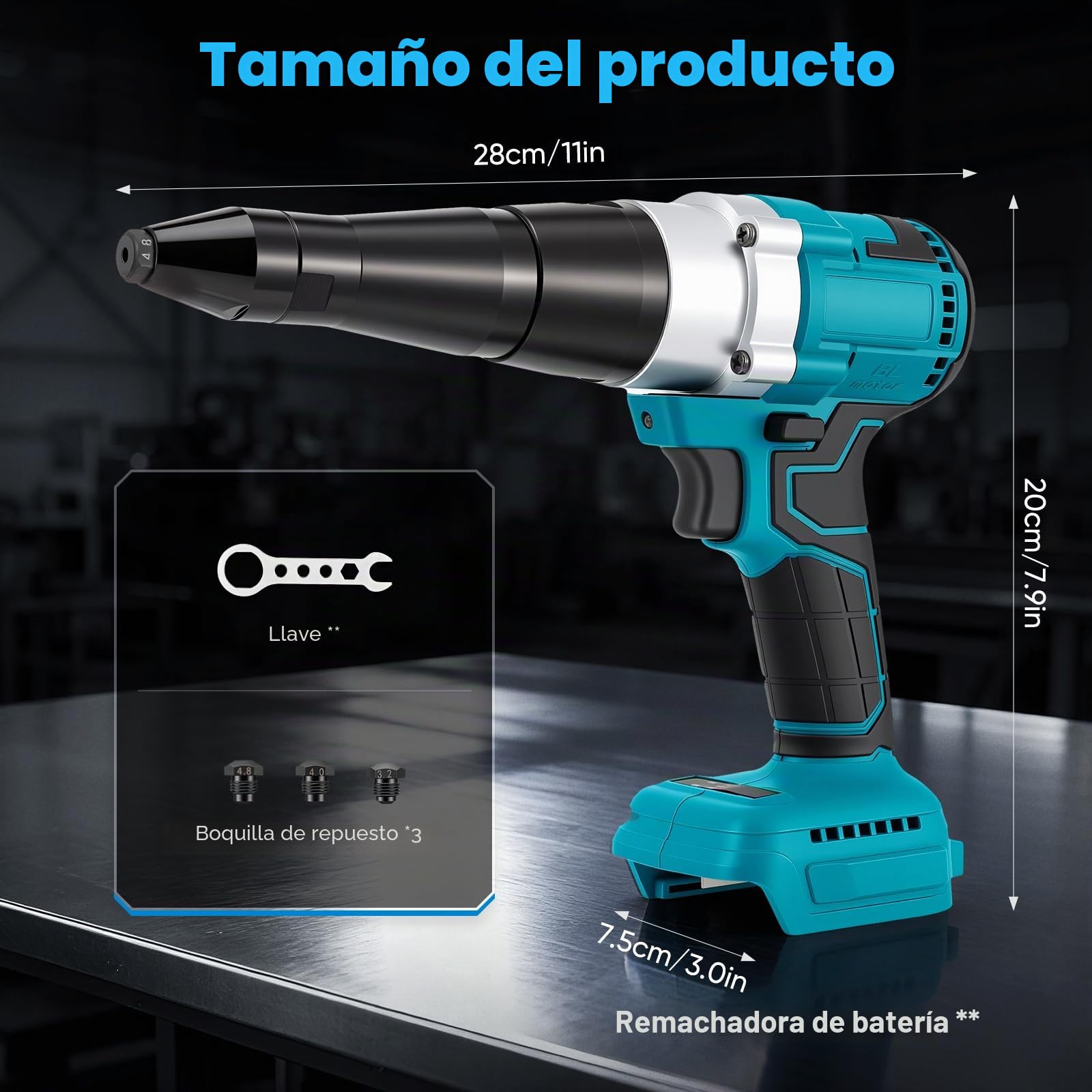 Remachadora inalámbrica compatible con Makita 18V, remachadora inalámbrica con motor sin escobillas, 3 boquillas para remaches de aluminio y acero inoxidable de 2,4-5,0 mm, con luz LED