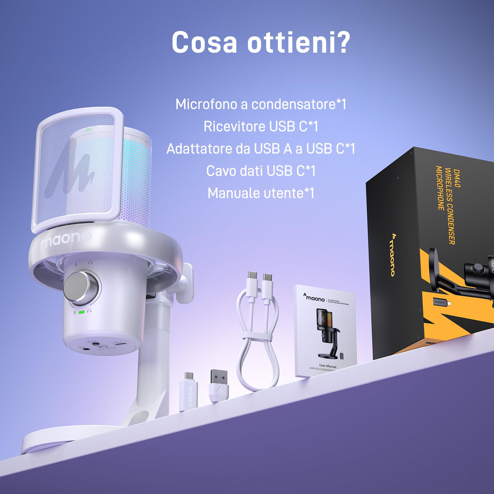 MAONO Microfono Wireless per PC, Microfono PC con Software di Cambiavoce Vocale IA, Cancellazione del Rumore a 3 Stadi, Luce RGB Personalizzata, per Gioco, Podcasting, Streaming, DM40 Pro Bianco