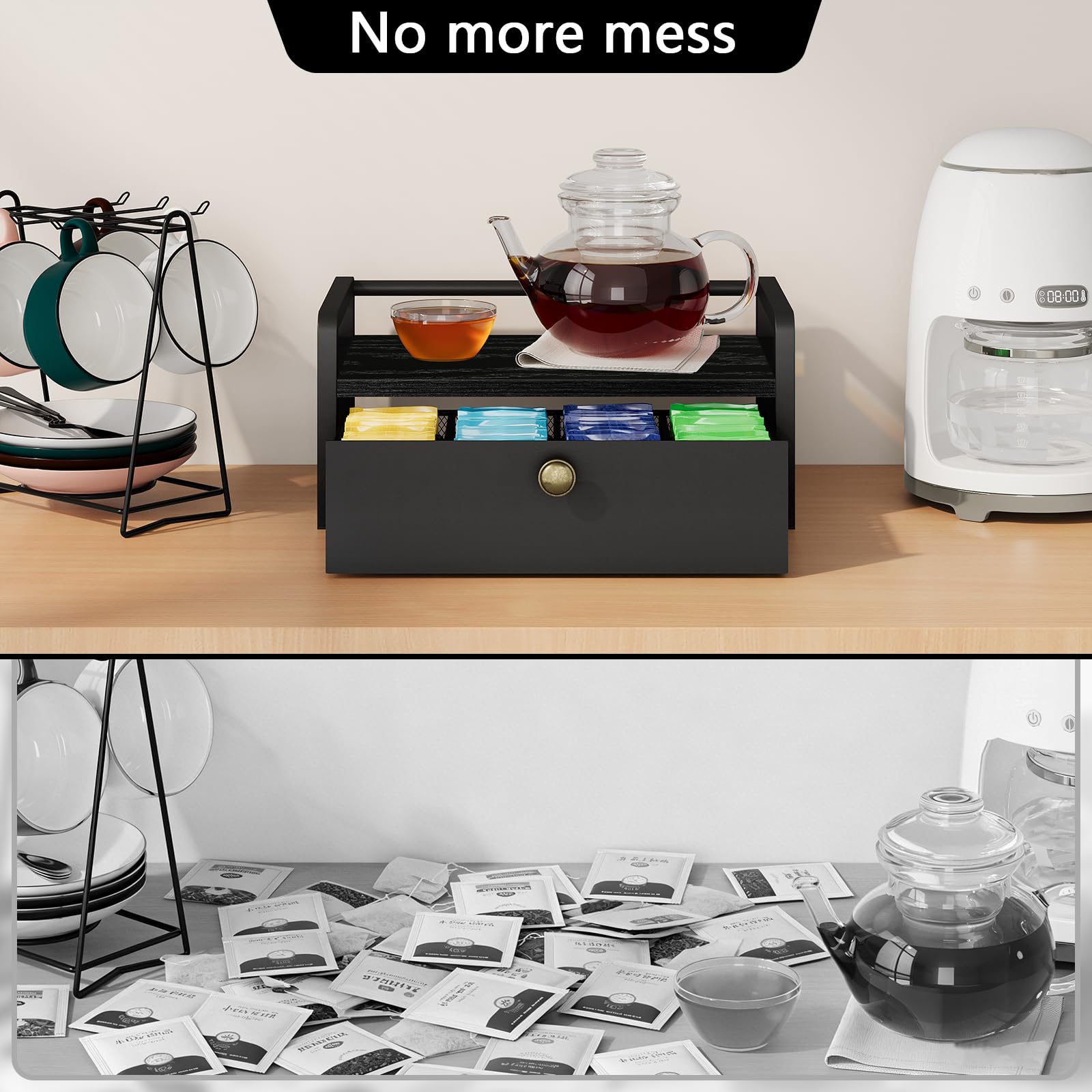 YINMIT Boîte de rangement pour sachets de thé, avec tiroir à 8 compartiments | Boîte à thé en bois et métal et coffre de rangement, organisateur de station à thé pour comptoir de cuisine, noir