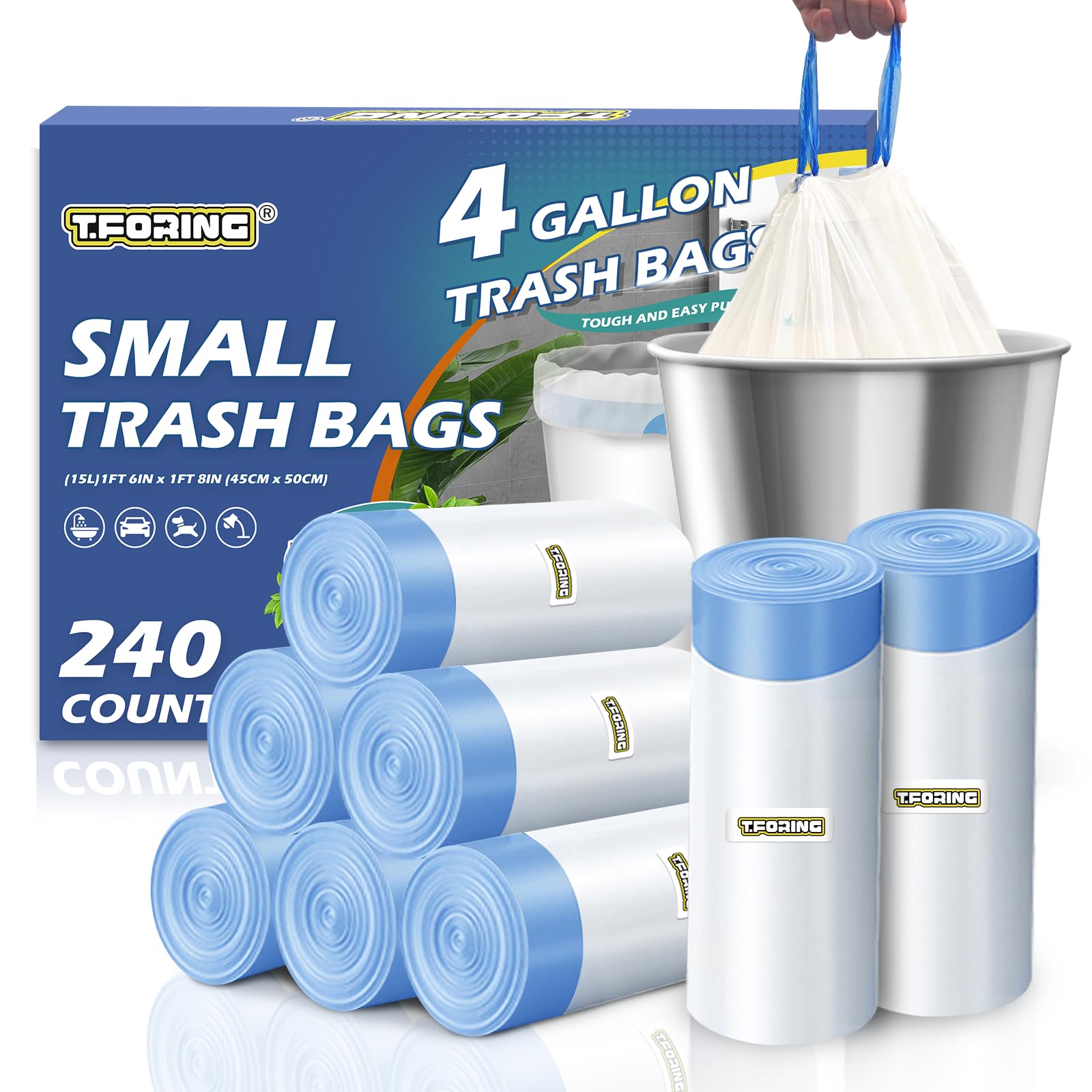 Photo 1 of 240 Count 4 Gallon Small Trash Bags Drawstring 1.1 Mil - White Garbage Bags Unscented for Bathroom, 15 Liter Thick Plastic Wastebasket Liners for Toilet Home Office and Bedroom