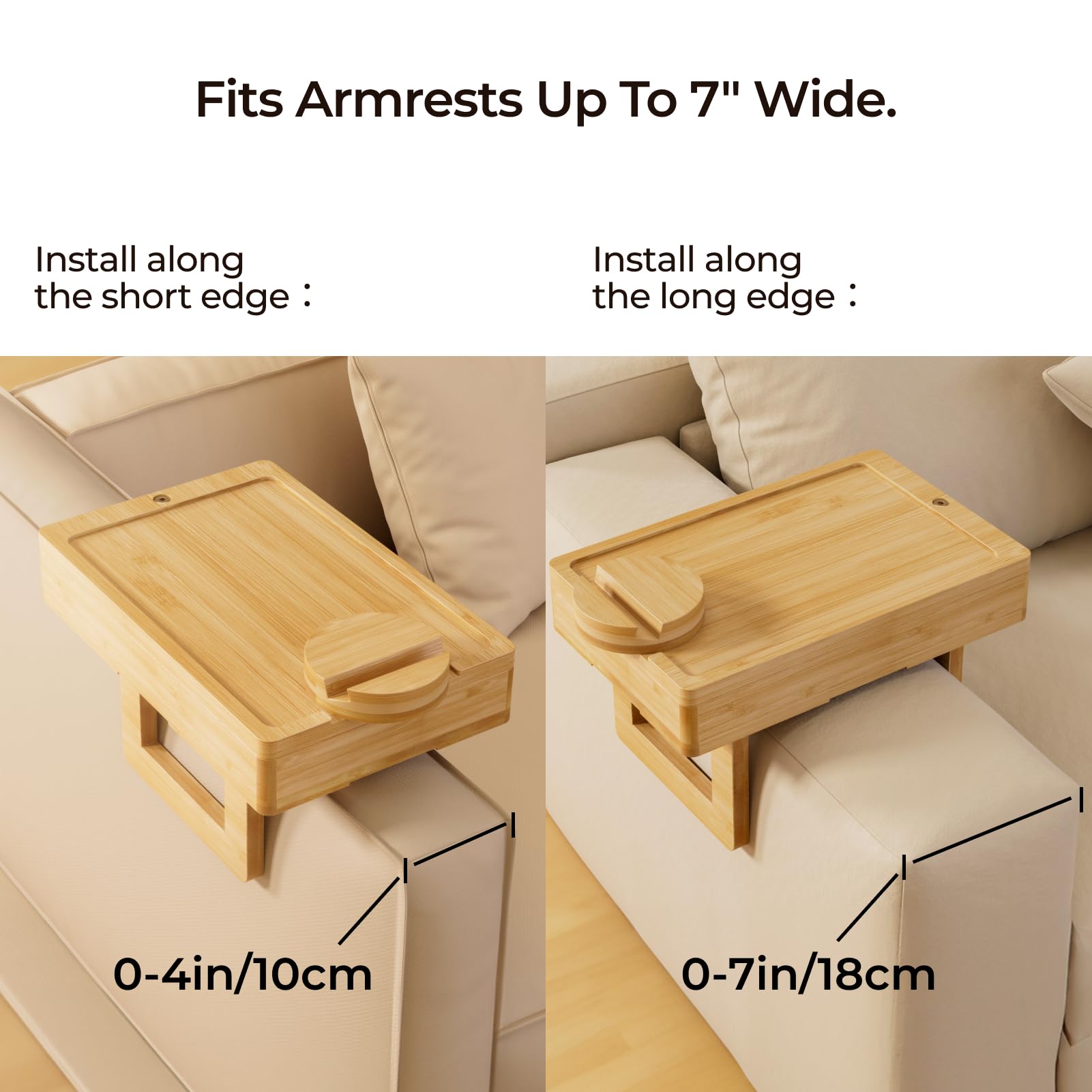 Wealone Mini mesa de sofá para reposabrazos estrecho, bandeja de bambú con almacenamiento, tablero giratorio y soporte para teléfono, clip ajustable para sofá para aperitivos o cenas, reposabrazos ≤