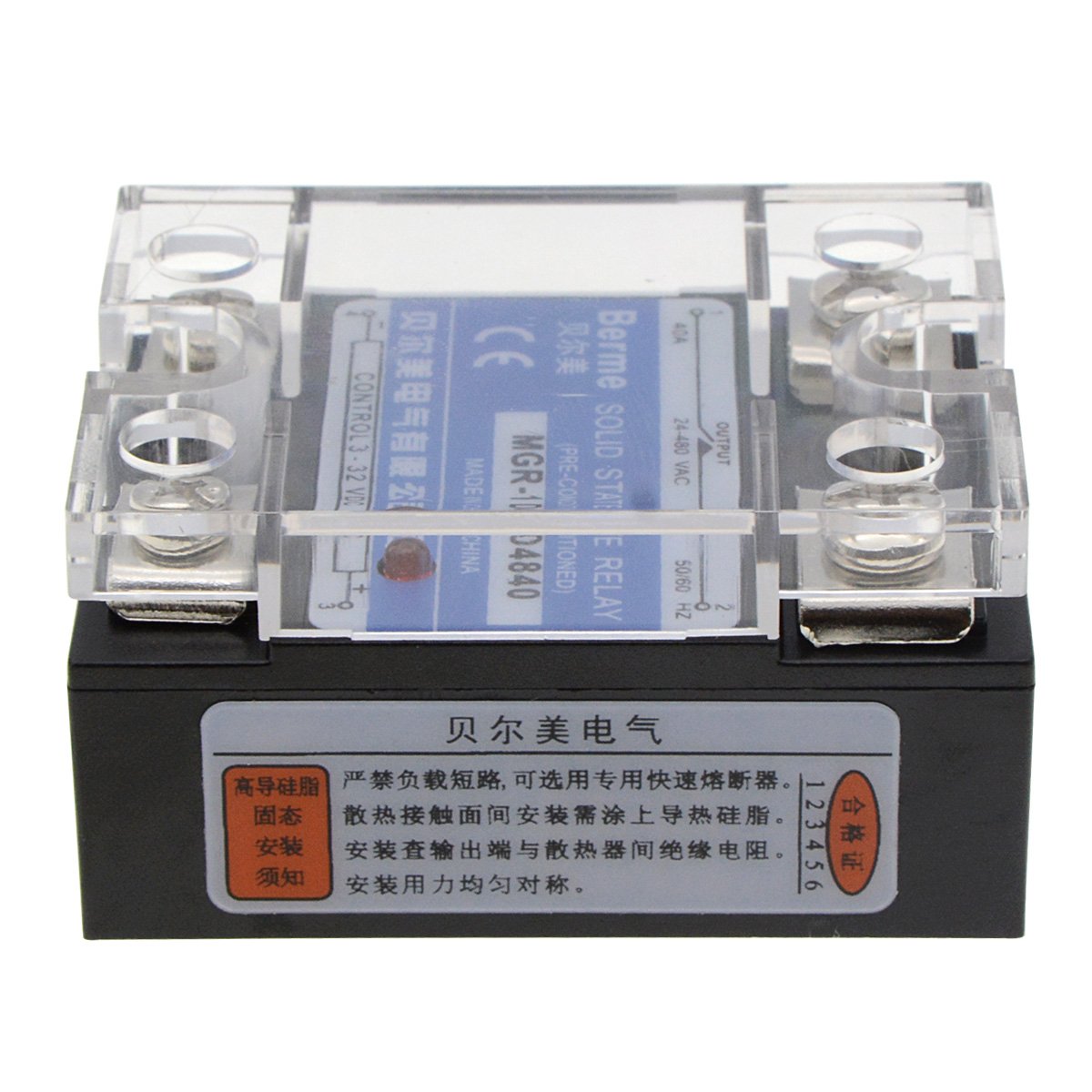 Back view of YXQ 40A SSR Solid State Relay with Chinese warning label