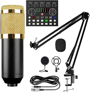 THEGIS Sound Card Kit Condenser Microphone with V8S Live Sound Card(Optional) for Live Streaming,Singing,Gaming Studio Setup For Recording Music (Color : Style B Gold, Size : 1)
