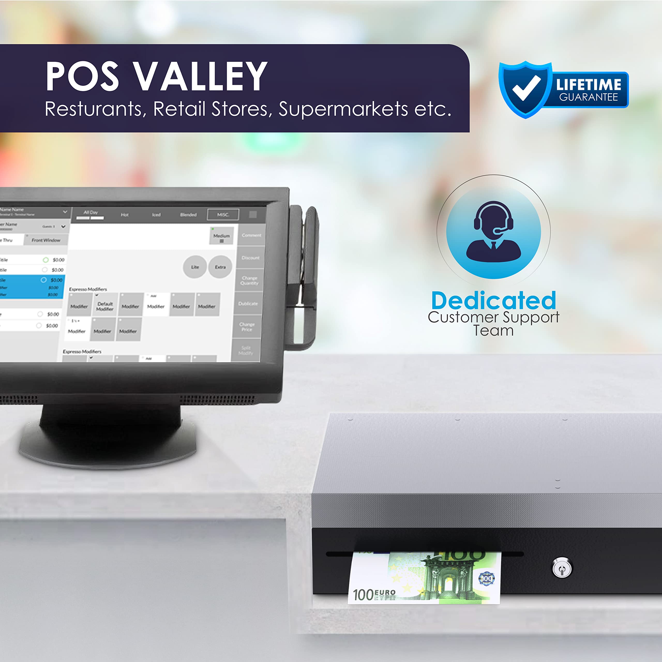 POS VALLLEY Professionele kassalade flip-top, verticale automatische opening voor POS-printers en kassabonners, binnen 7 bankbiljetten / 8 munten (EUR), zwart/roestvrij staal, 46x17x10cm