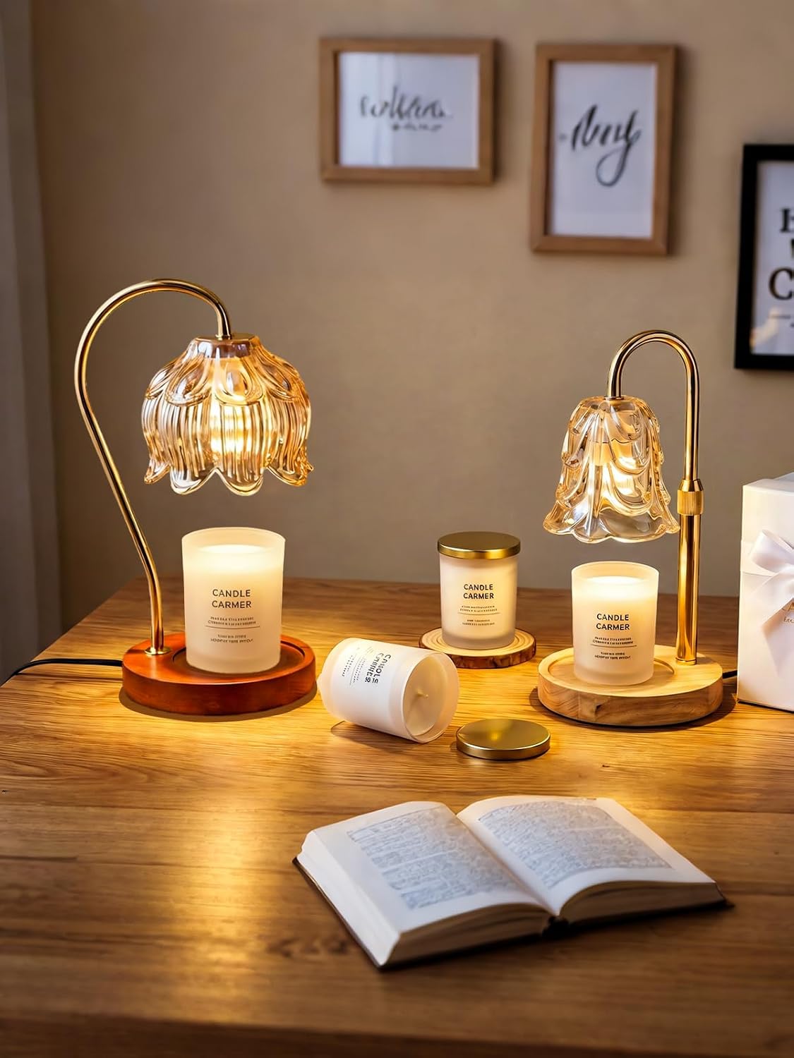 Candle Warmer Lamp with Timer & Dimmer, Candle Melting Device that can be Used for Large Jar Candles and 3-Wick Candles, with 2 Bulbs, Home Room Bedroom Decor (Reddish Brown)