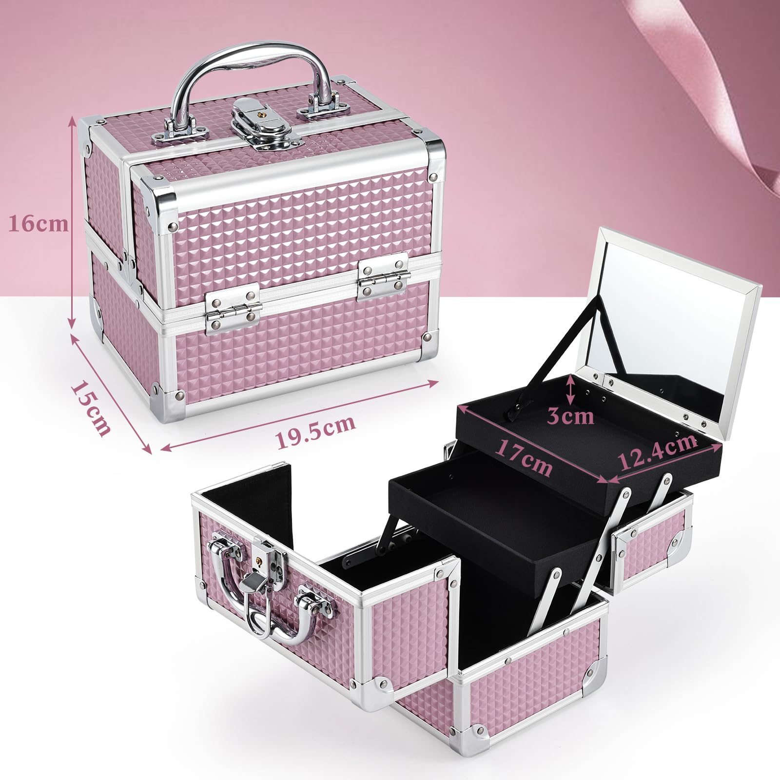 Maletín Maquillaje Rosa Estuche Maquillaje Caja Maquillaje Cosméticos Vacío Profesional con Espejo y Cerradura 19.5x15x16cm Regalos para Mujeres,Rosa