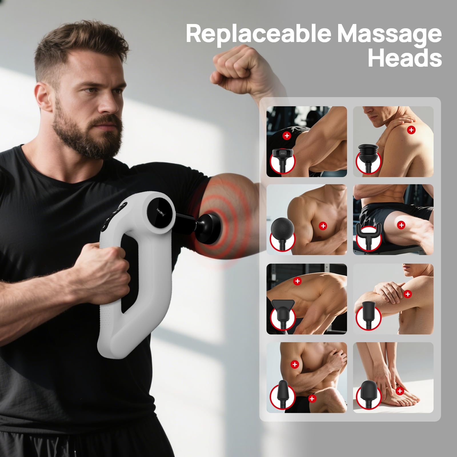 Pistola de masaje con calor, masajeador de percusión de tejido profundo para aliviar el dolor, amplitud de 12 mm, 5 velocidades y 8 accesorios, ideal para recuperación muscular, pierna de hombro
