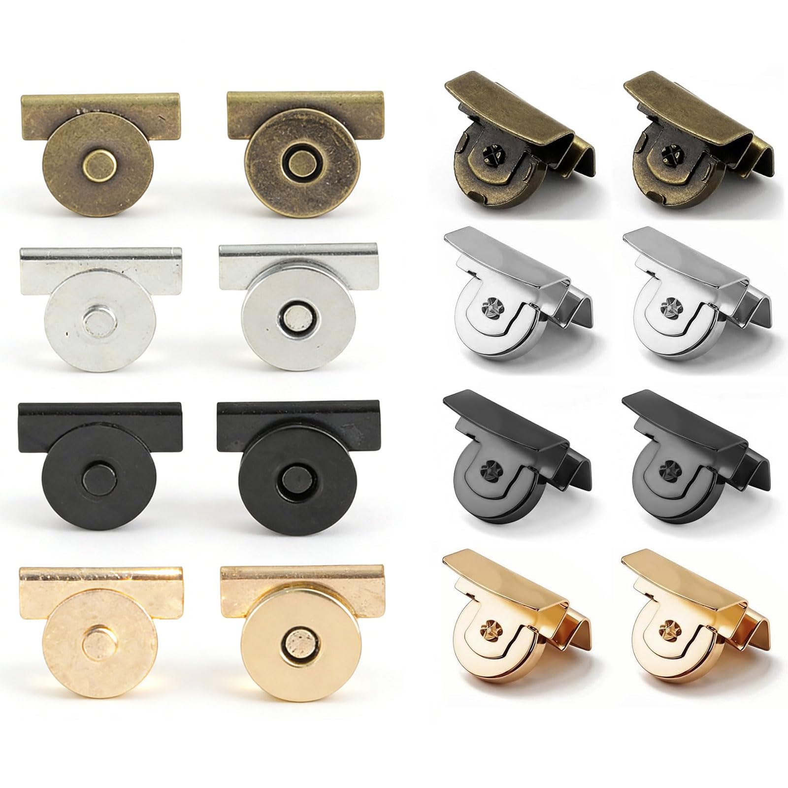 Floruvia 12Pair Magnetic Snap Buttons, Heavy Duty Metal Buckle Clasps for Clothing, Bags, Curtains, Seamless No-Sew Fasteners in 4 Colors for DIY Sewing Projects