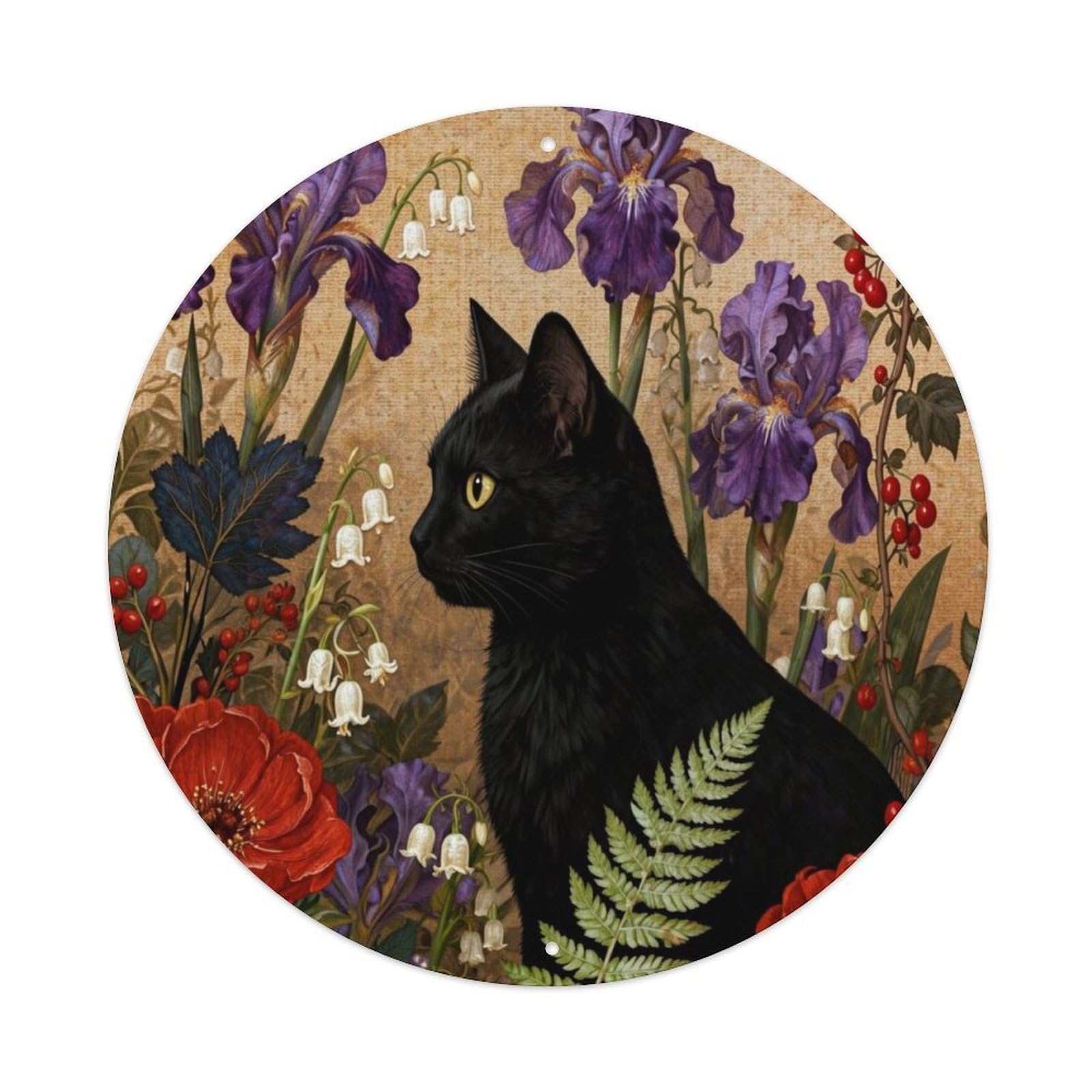 Black Cat Floral Pattern Print Metal Tin Sign Plaque