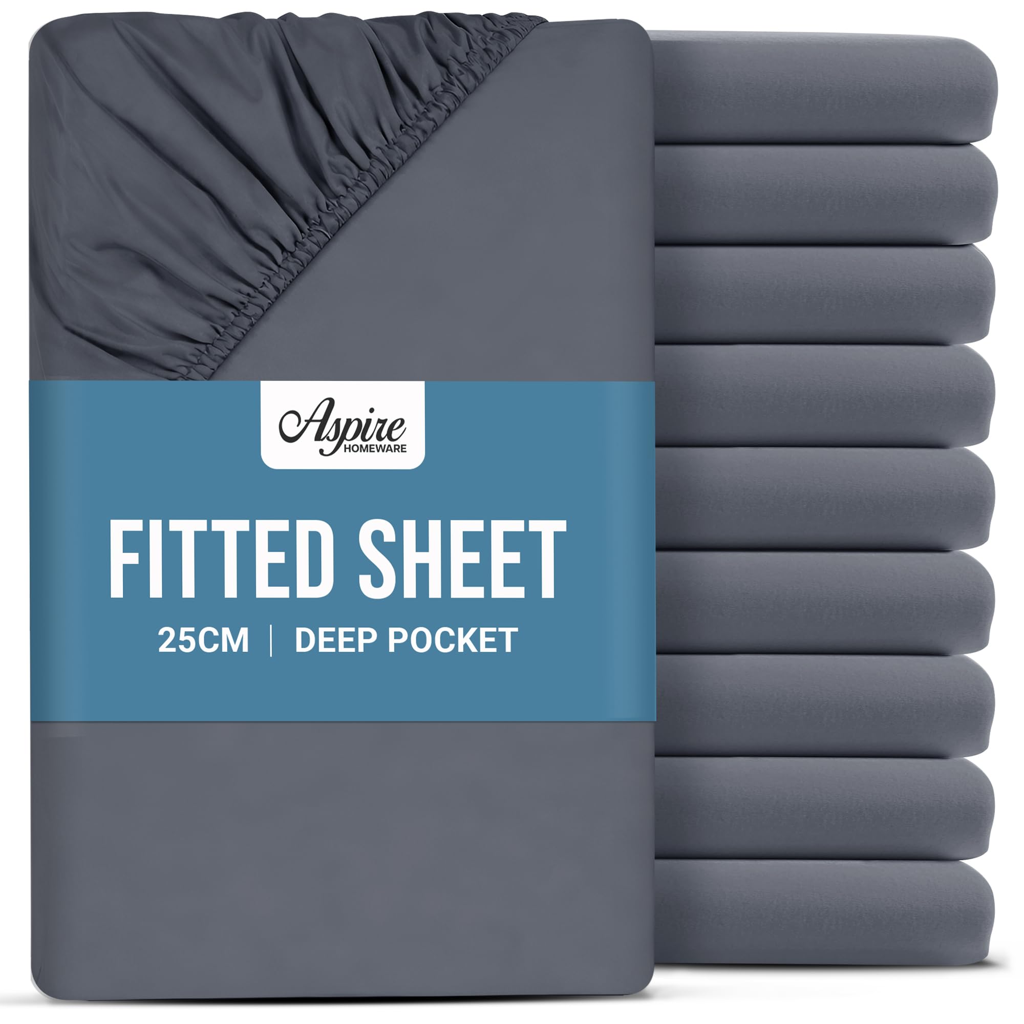 Aspire Homeware Super King Fitted Sheet 10 Pack - 25 cm Deep Hotel Quality (Charcoal) Bed Sheets - Soft & Breathable Superking Fitted Sheet - Anti-Wrinkle Easy Care Fitted Sheets