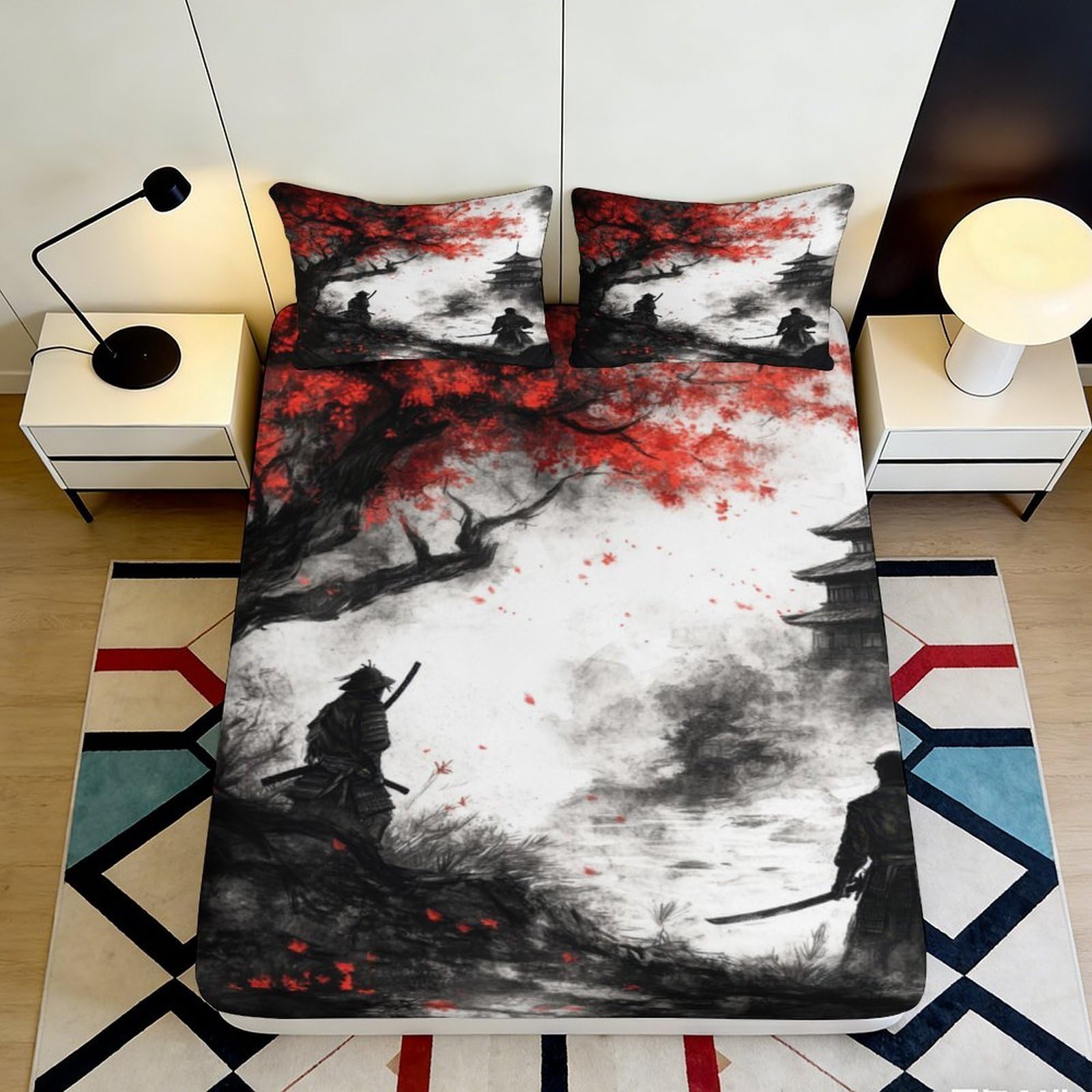 Pnayamiorkfel Style-10 3D Printed Japanese Samurai Art Fitted Sheet Microfiber Red Maple Tree Bed Cover For Bedroom Dorm Decor 90X200x25cm