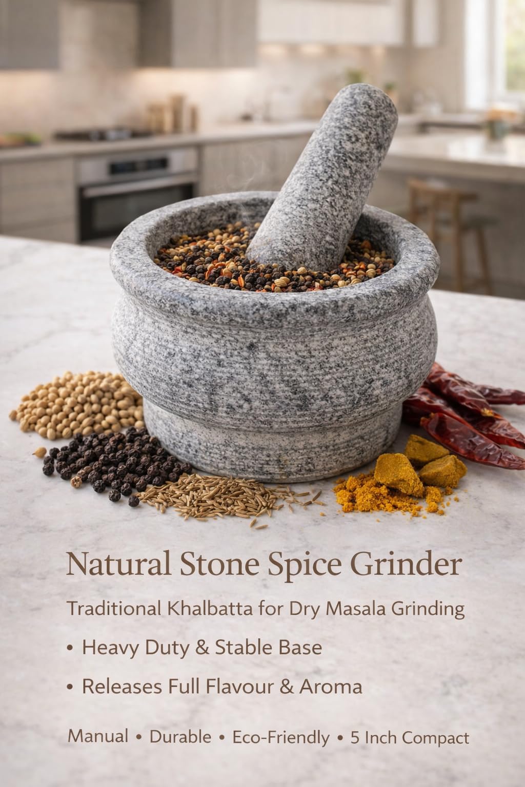 Nakshathra Stone Mortar and Pestle for Kitchen, Handcrafted Heavy Kharal Musal, Traditiaonal Grinder for Crushing Spices, Garlic, Ginger, Herbs, Ideal Khalbatta for Daily Use - Grey (5inch or 12.7cm) 4