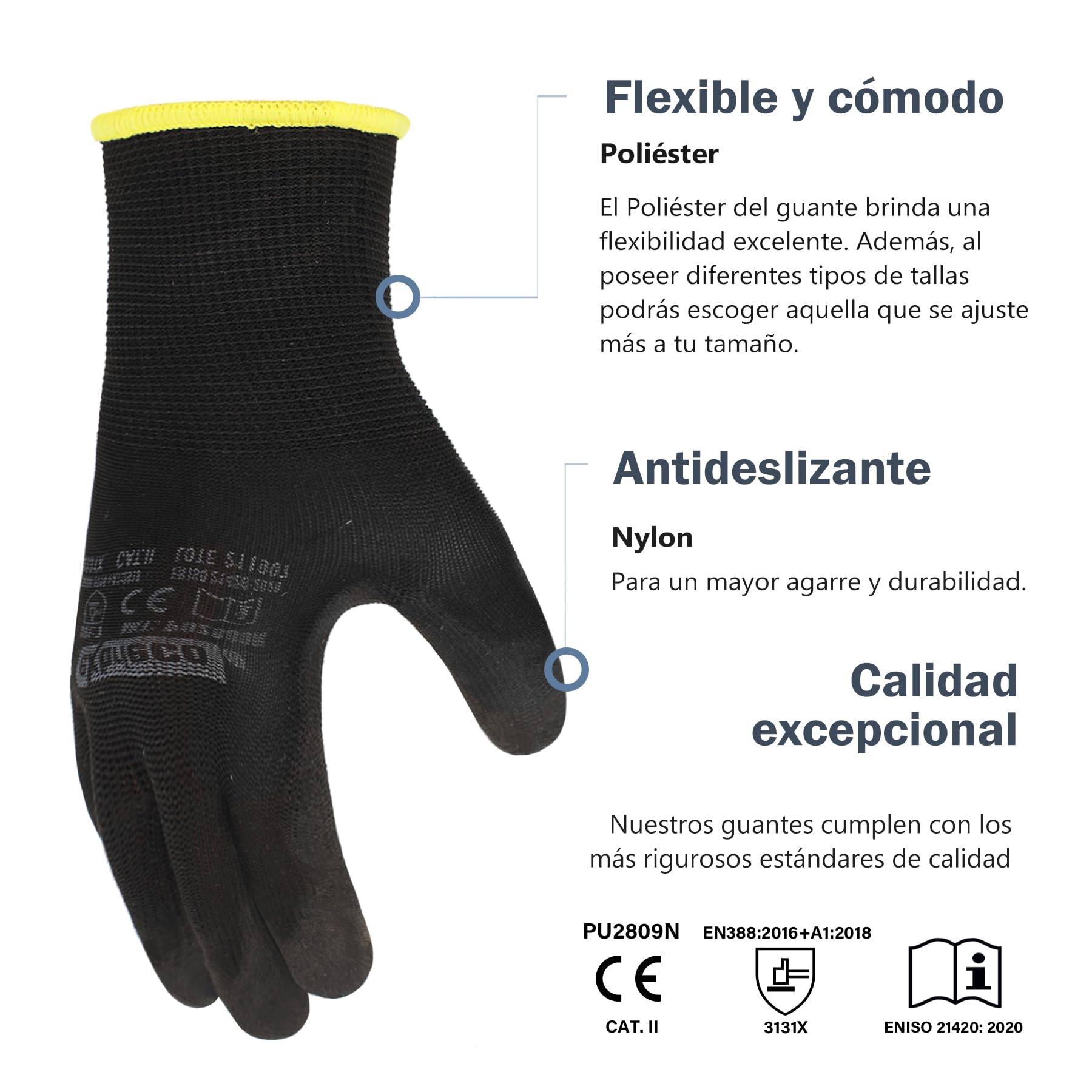 Guantes de Trabajo Profesionales Ideales para Construcción, Abrasión, Mecánica, Guantes de Protección CAT 2 Multipropósito en Nylon y Poliuretano, Resistentes pack de 3,6,12,60,120,240