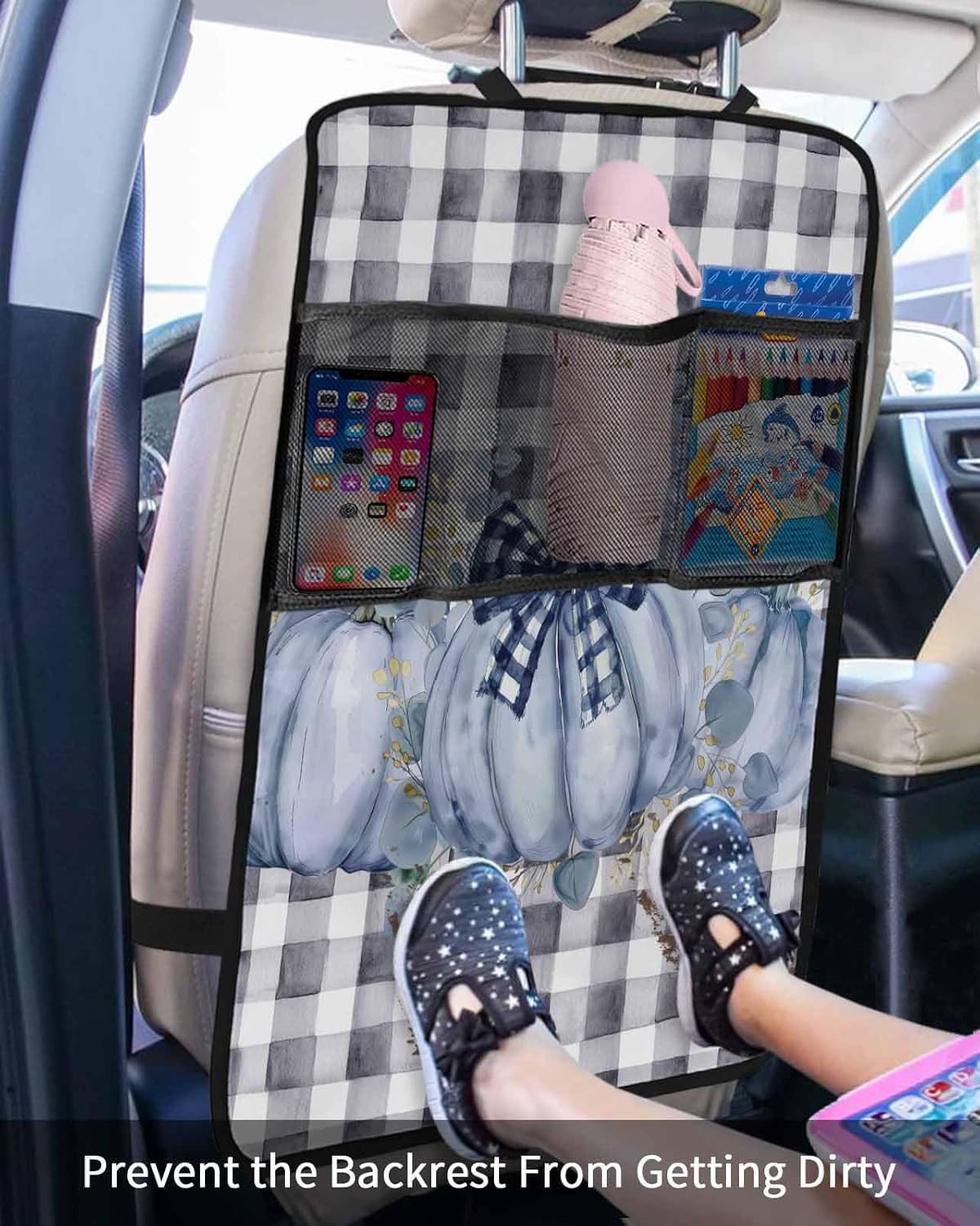 Car Seat Protector, 2 Pack Kick Mats with Organizer - 3 Pocket Storage, Fall Thanksgiving Blue Pumpkin Eucalyptus Leaves Plaid Back Seat Cover for Kids Universal Fit Automotive Interior Protectors