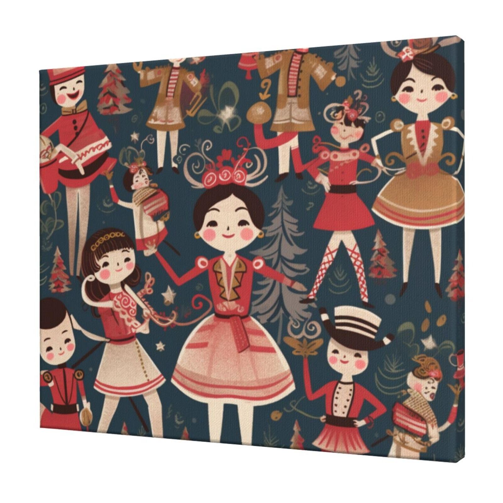 YKLJG Women's Nutcracker Ballet Xmas Dance cartoon Printed Wall Art Canvas Prints 60x50 CM Wooden Framed Picture Painting Artwork for Bedroom Kitchen Home Office Decor