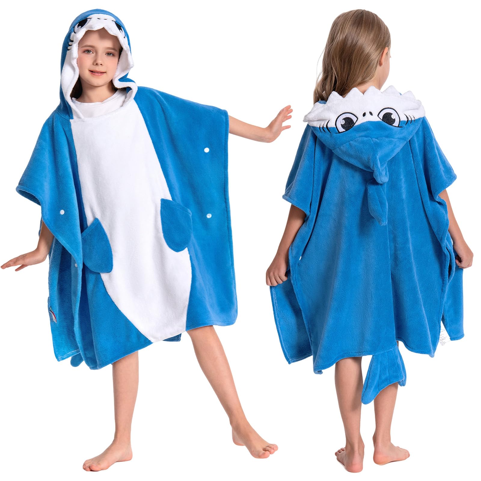OLAOLA Kids Poncho Towel Hooded Beach Changing Robe Children Absorbent Bath Towels Swimming Wrap for Boys Girls 3-12 Years, Shark
