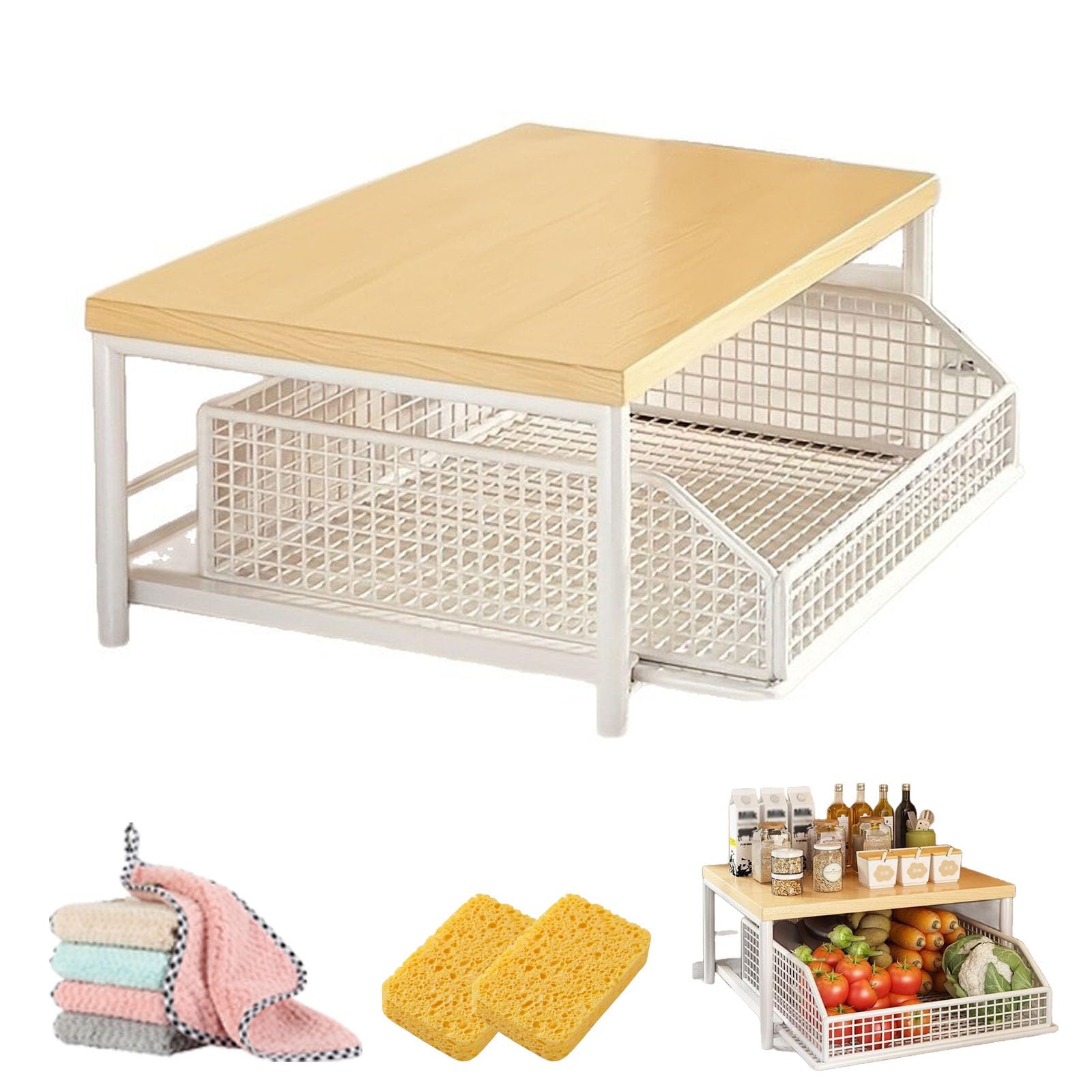 Hbviret Kitchen Countertop Organizer with Drawers & Wire Basket, Shelf With Drawer for Kitchen Counter, 2-Tier Sturdy Hardwood Shelf for Microwave Coffee Maker Spices Utensils (White)