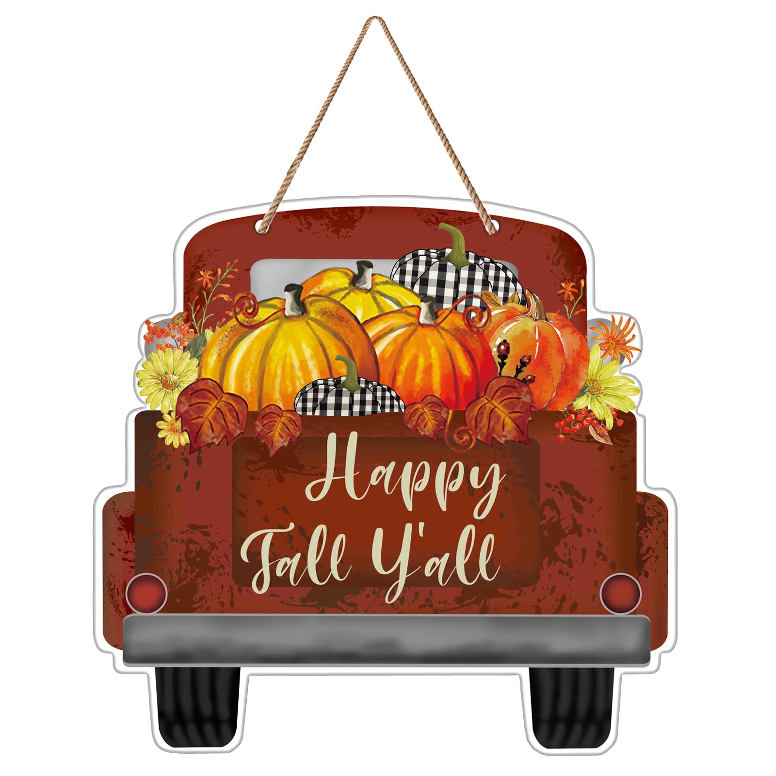 Fall Decorations Sign for Home Pumpkin Truck Happy Fall Wreath for Front Door Decor Vintage Autumn Fall Welcome Hanging Sign for Thanksgiving Day