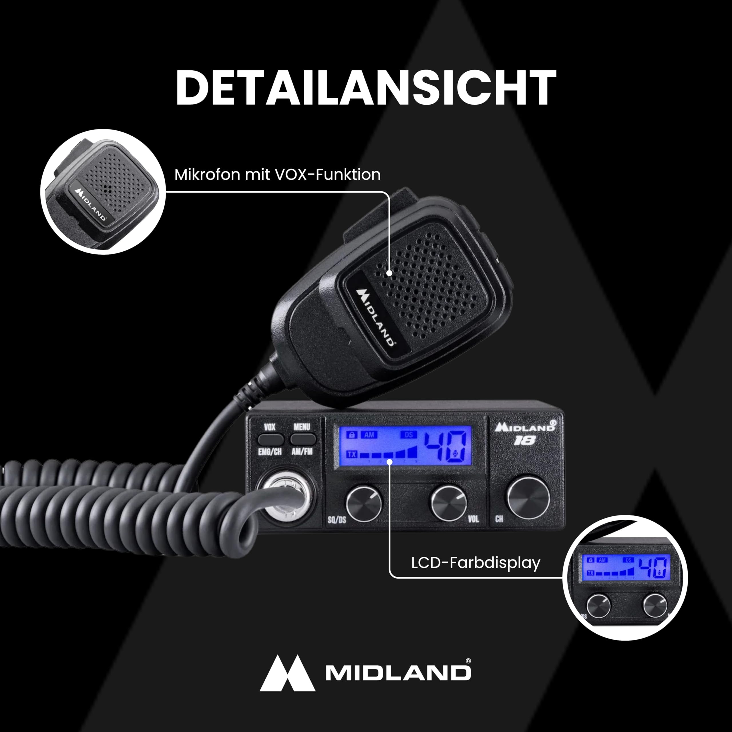 Midland 18 CB-Funkgerät mit LCD-Display, VOX Freisprechfunktion, 12V Anschluss, Multistandard, S-Meter, RF-Verstärkung, für Auto und LKW, schwarz