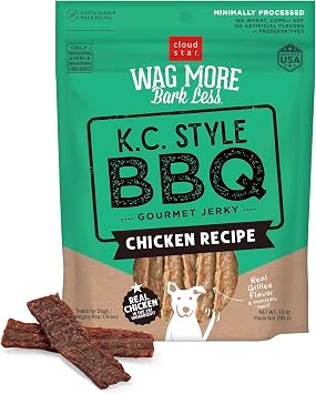 Wag More Bark Less Jerky Dog Treats, Kansas City BBQ Chicken, 10 oz Bag