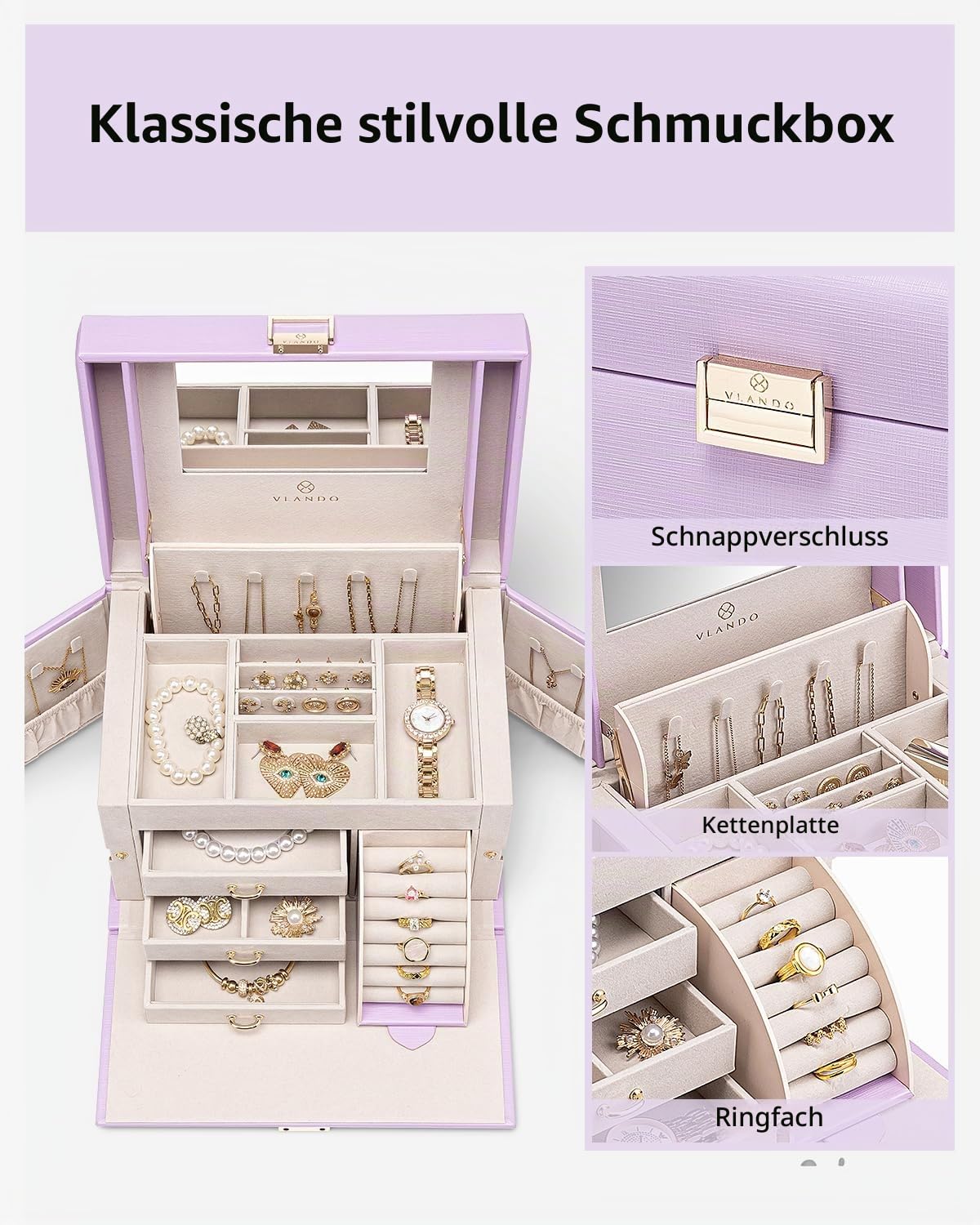 Vlando Schmuckkästchen für Mädchen und Frauen, großer barocker Schmuckhalter mit Spiegel, 3 Schubladen für Armbänder, Ohrringe, Ringe, Halsketten, Muttertagsgeschenke für einen geliebten Menschen,