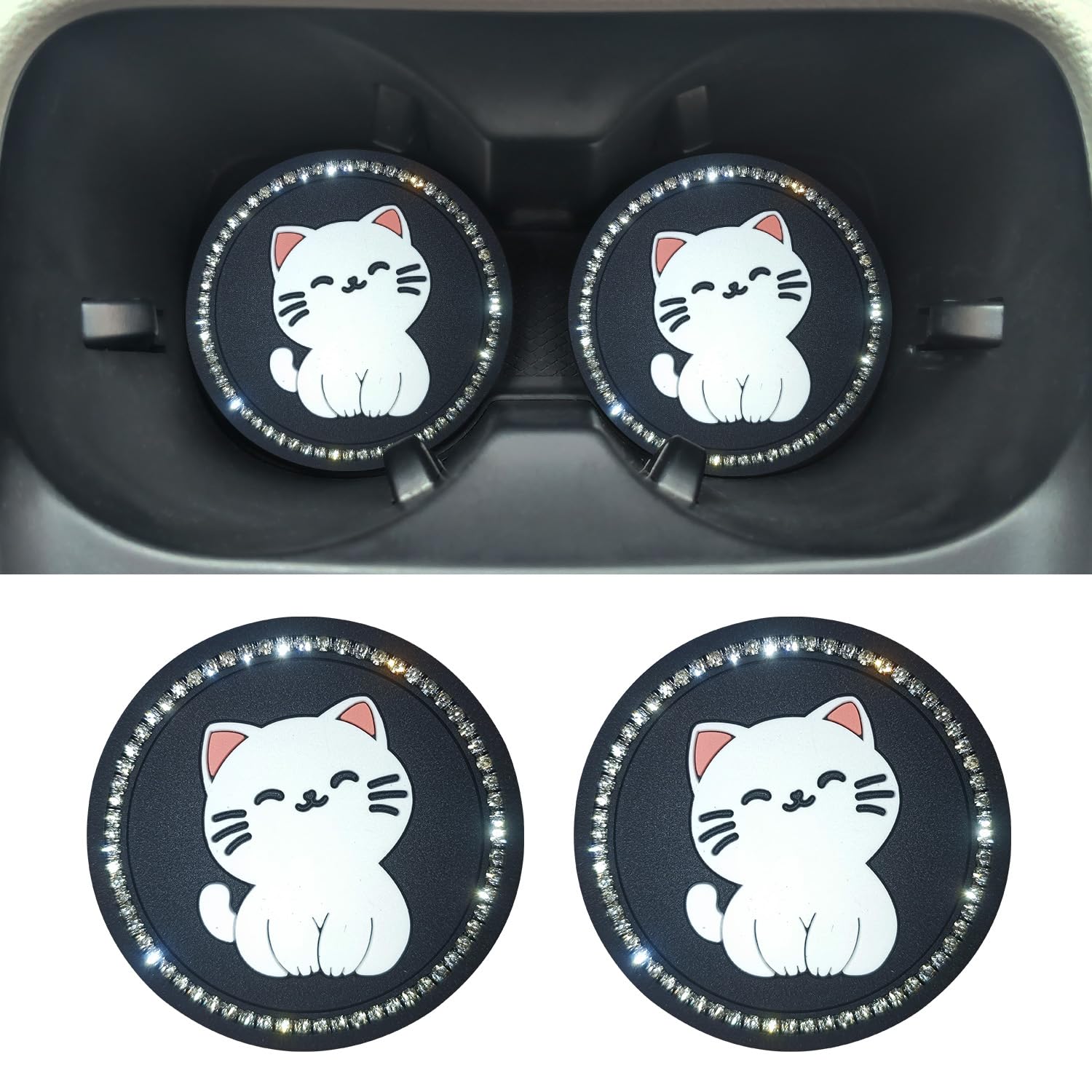 MEANSTINBEST Car Cup Holder Coasters Bling Cup Coasters for Car SUV Car Crystal Rhinestone Drink Car Cup Mat, PVC Universal Car Accessories for Women Interior 2 Pack (Black 6)