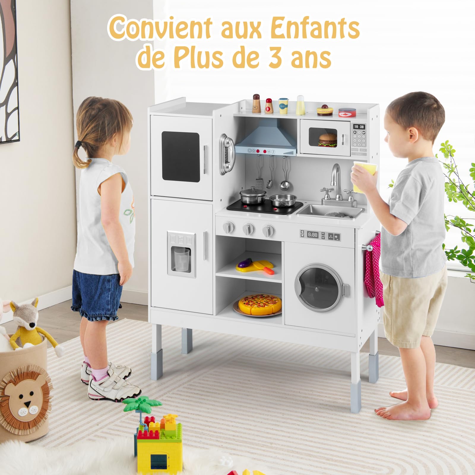 COSTWAY Cuisine Enfants avec 16 Accessoires & 3 Hauteur Réglable, Jeu de Cuisine avec Sons et Lumières, Machine à Glaçons & Téléphone, Jouet d'Imitation pour Tout-Petits de 3 Ans+ (Blanc)