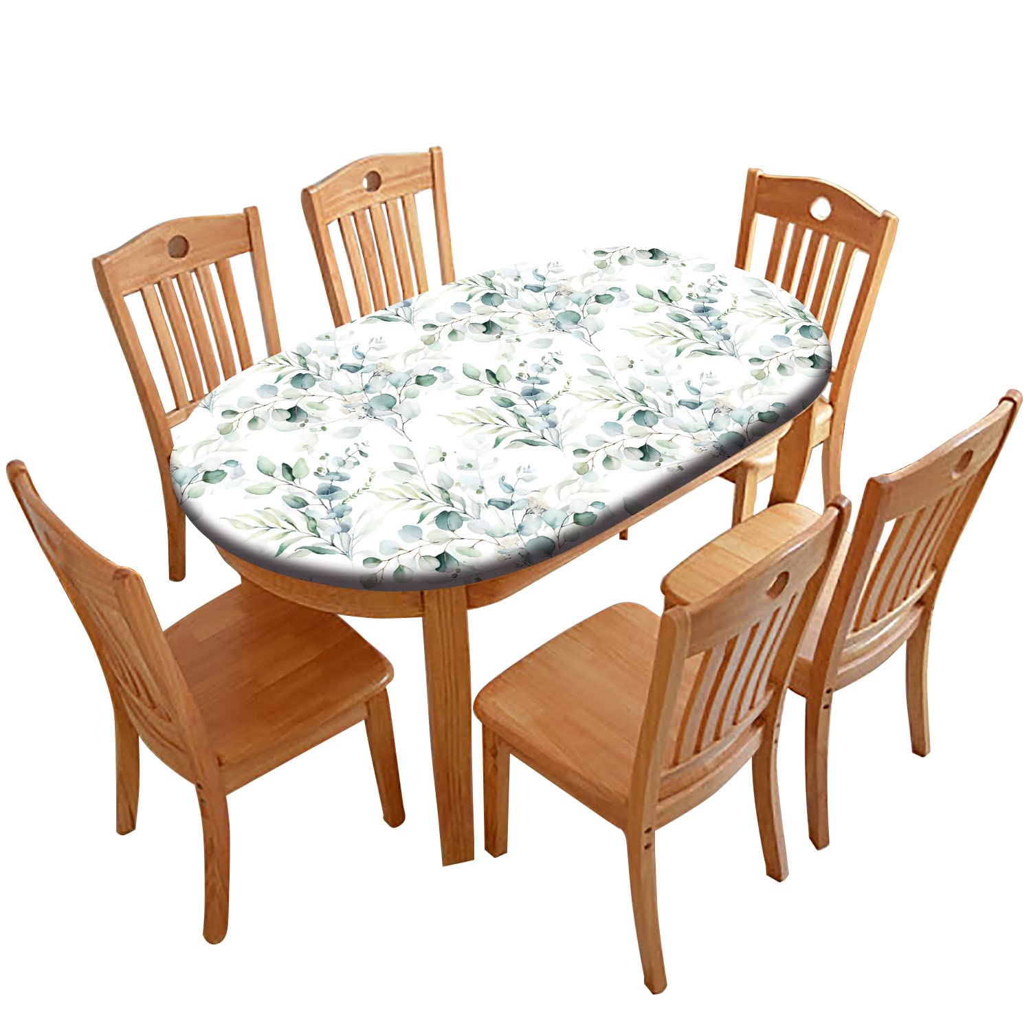 Spring Leaf Oval Elastic Fitted Tablecloth, Floral Sage Green Leaves Elastic Edged Polyester Wipeable Table Cloths, Indoor Holiday Family Banquet and